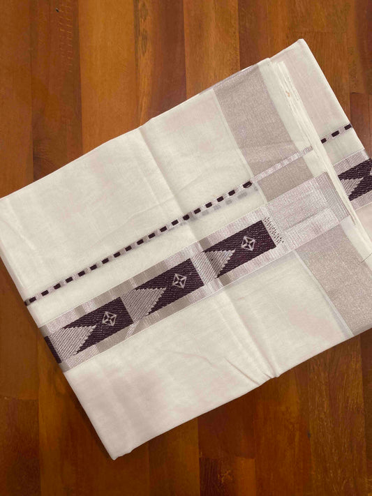 Southloom Handloom Premium Silver Kasavu Double Mundu with Woven Design Border