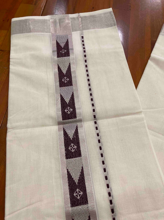 Southloom Handloom Premium Silver Kasavu Double Mundu with Woven Design Border