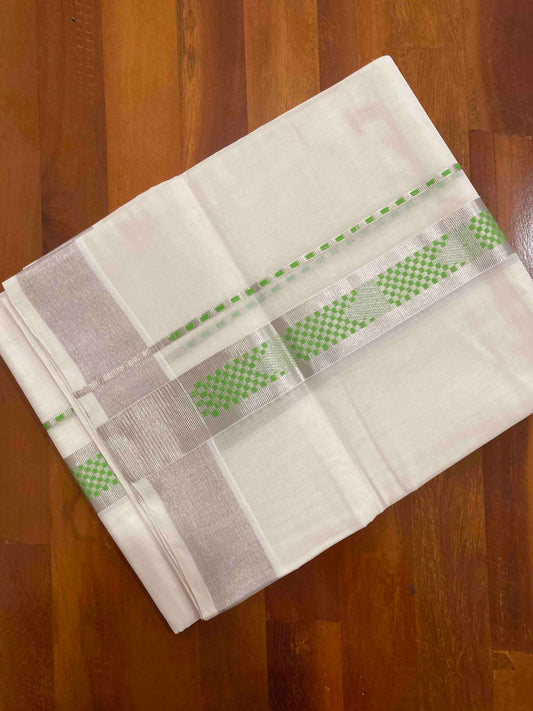 Southloom Handloom Premium Silver Kasavu Double Mundu with Woven Design Border