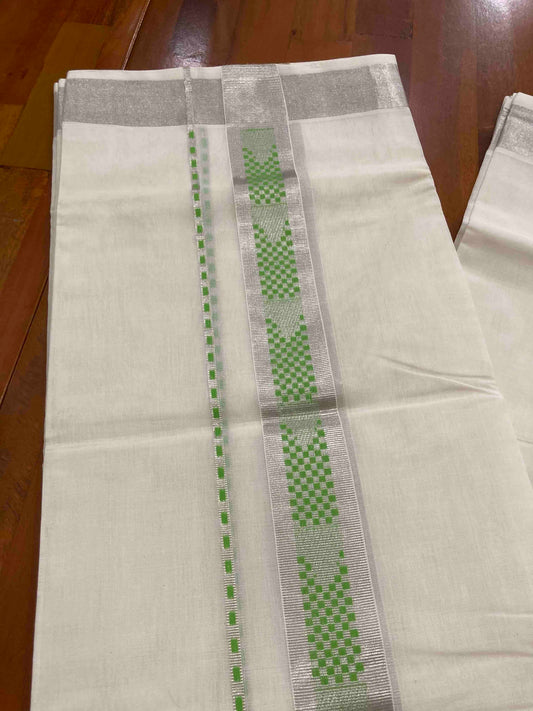 Southloom Handloom Premium Silver Kasavu Double Mundu with Woven Design Border