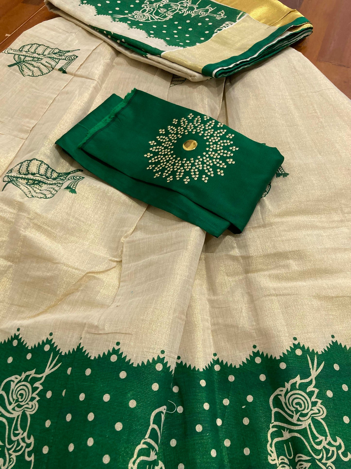 Kerala Tissue Stitched Dhavani Set with Blouse Piece and Neriyathu in with Green Accents and Mural Designs