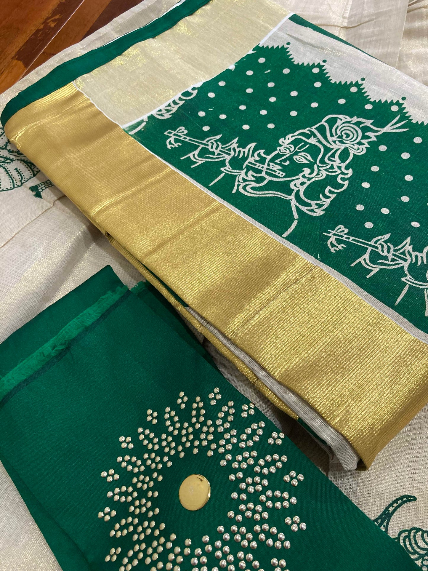 Kerala Tissue Stitched Dhavani Set with Blouse Piece and Neriyathu in with Green Accents and Mural Designs