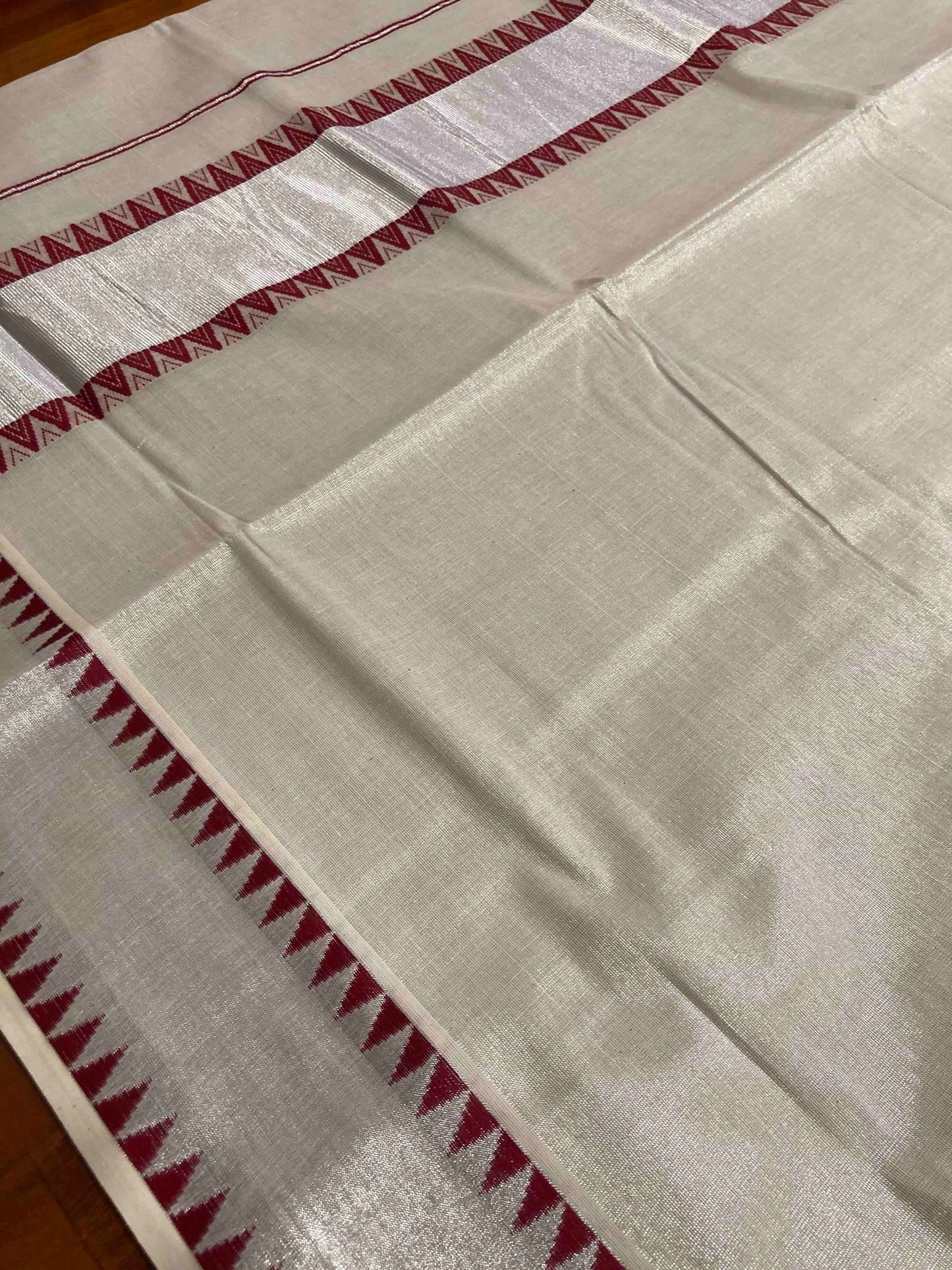 Kerala Silver Tissue Kasavu Saree with Red Temple Border