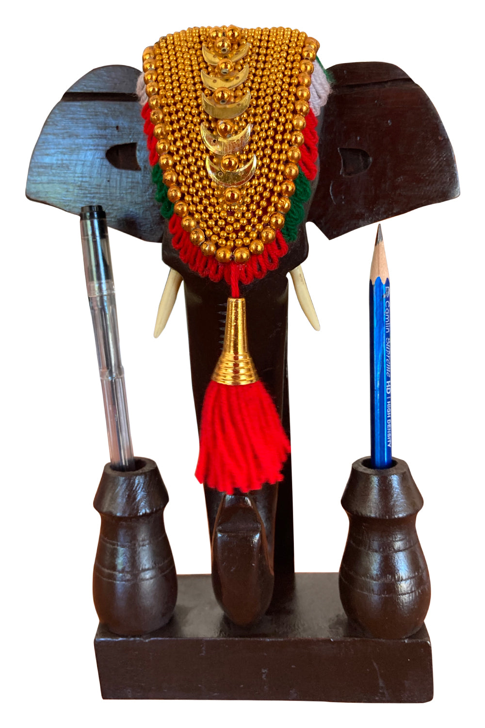 Southloom Handmade Temple Elephant Head with Pen Holder Handicraft 10 inches (Carved from Mahogany Wood)