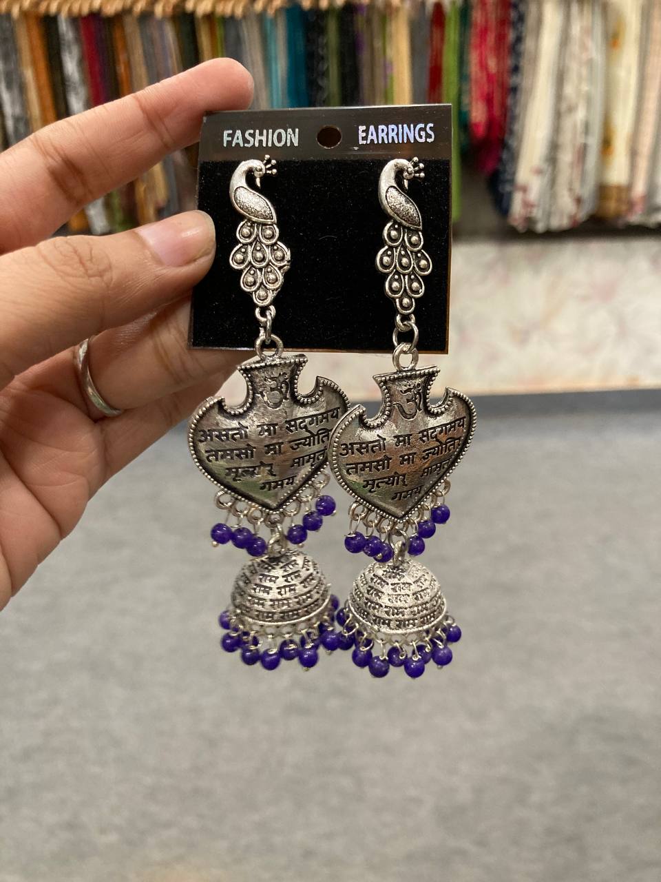 Southloom Oxidised Silver Peacock Earring With Violet Beads