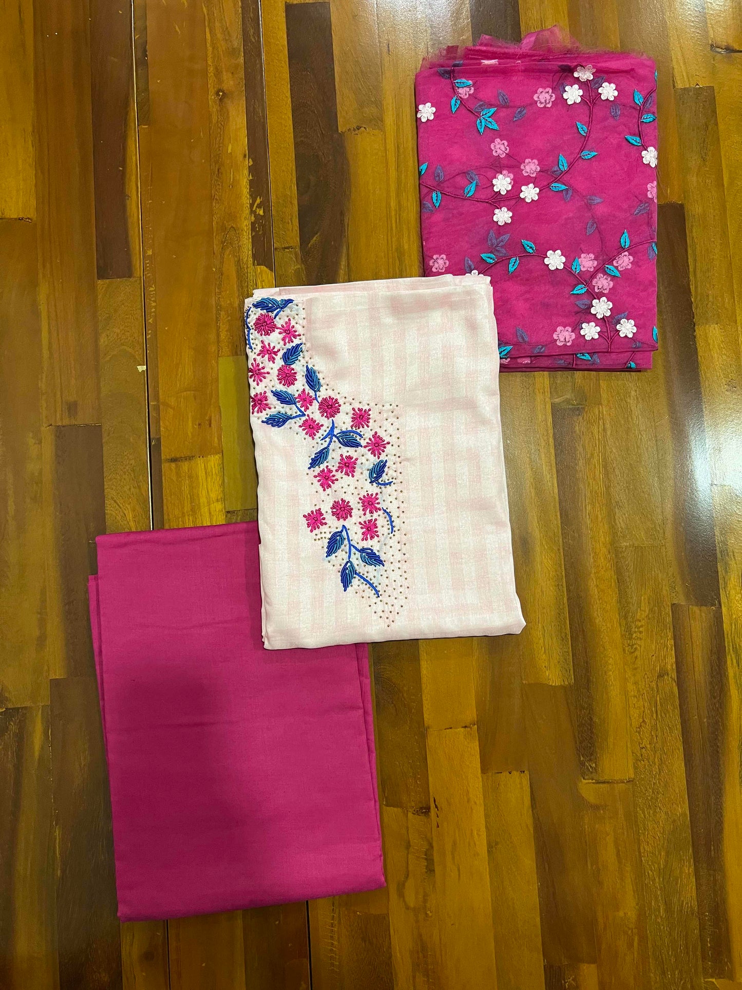Southloom™ Semi Silk Churidar Salwar Suit Material in Light Pink and Dark Pink Embroidery Work