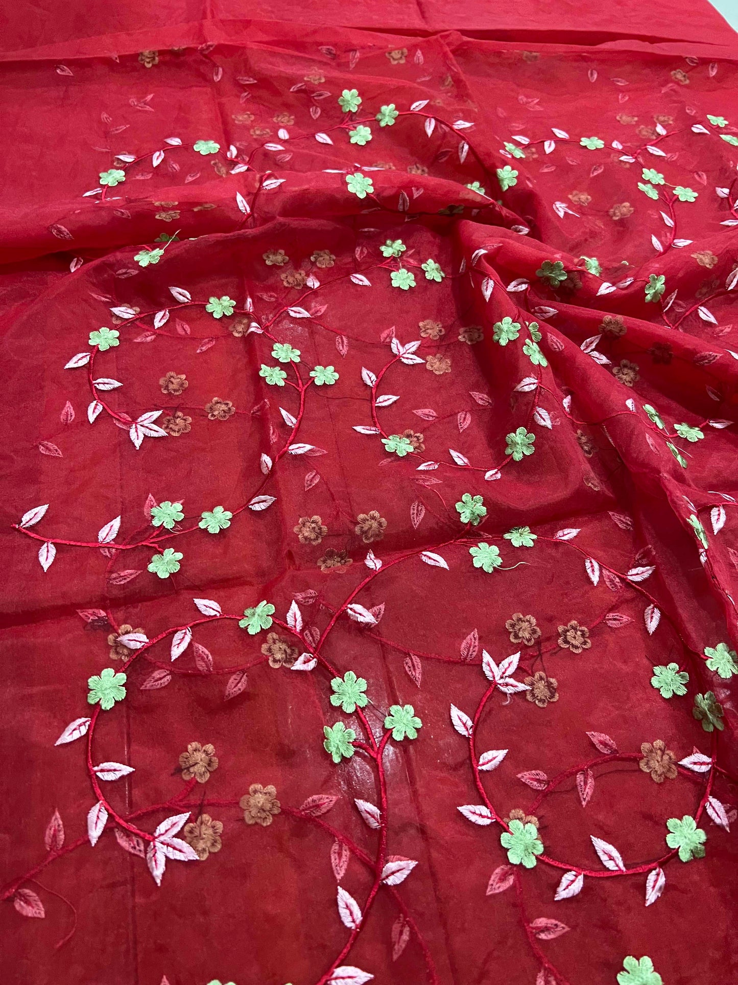Southloom™ Semi Silk Churidar Salwar Suit Material in Light Green and Red with Embroidery Work