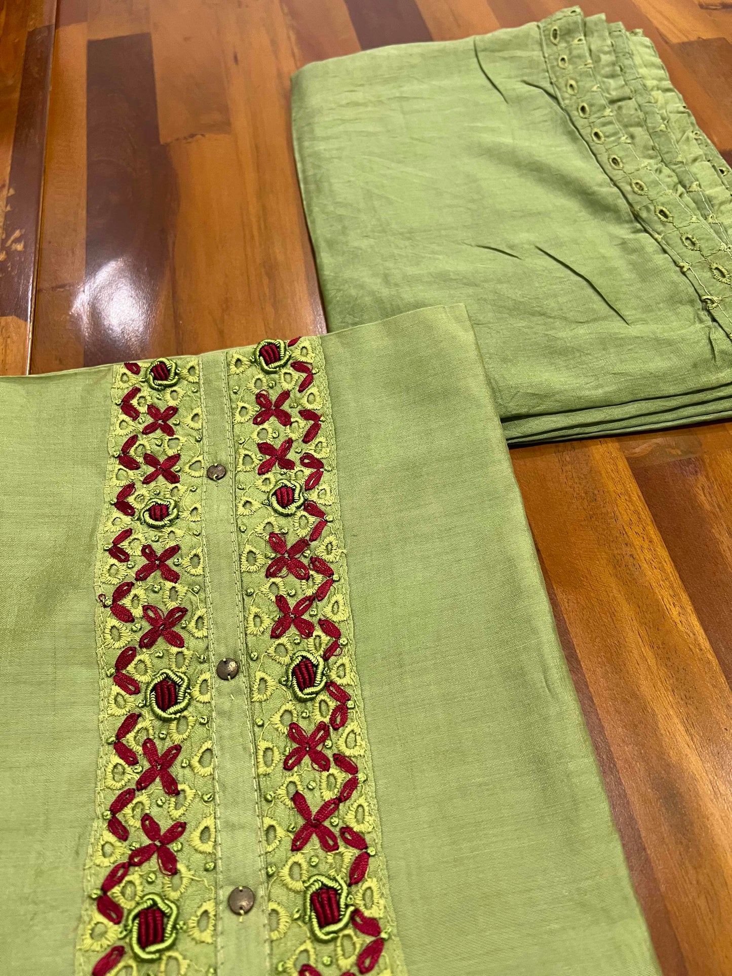 Southloom™ Cotton Churidar Salwar Suit Material in Light Green and Red with Embroidery Work