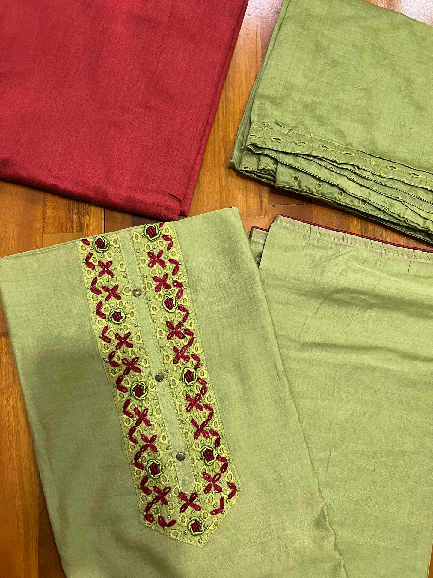 Southloom™ Cotton Churidar Salwar Suit Material in Light Green and Red with Embroidery Work