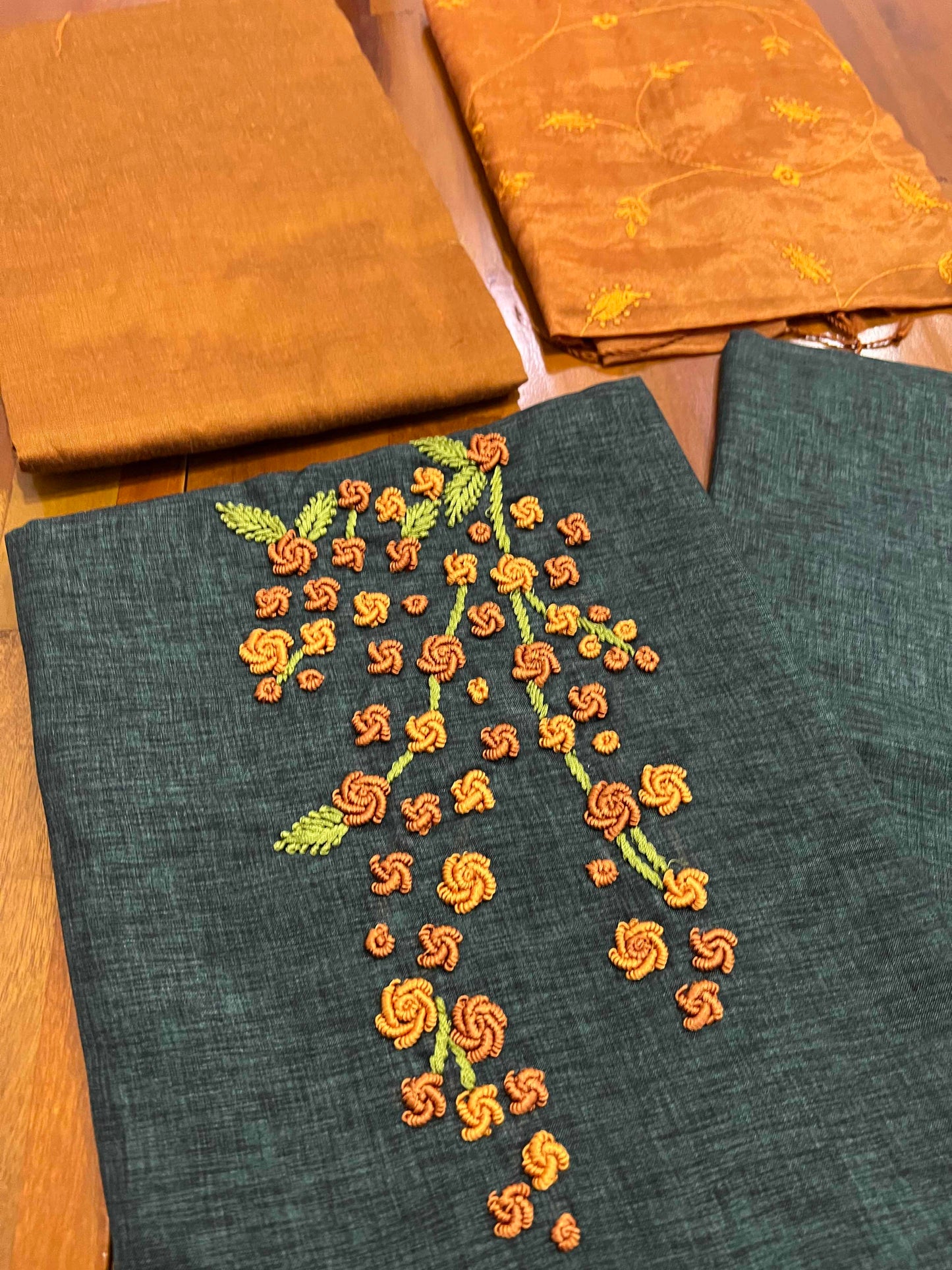 Southloom™ Semi Jute Churidar Salwar Suit Material in Dark Green and Orange with Embroidery Work