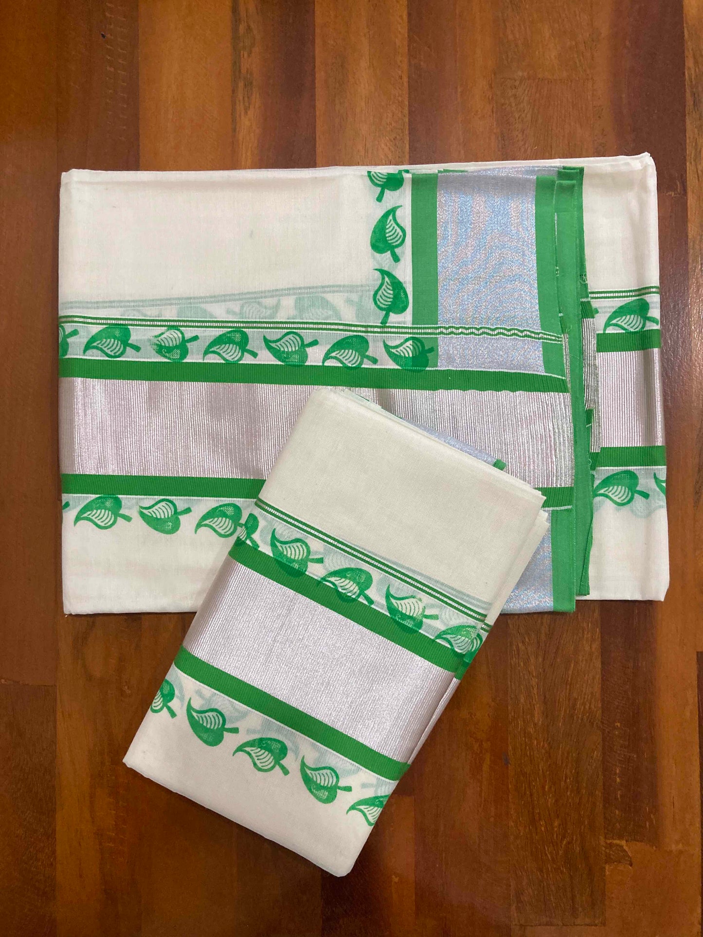 Single Set Mundu with Silver Kasavu and Light Green Block Prints (Mundum Neriyathum)
