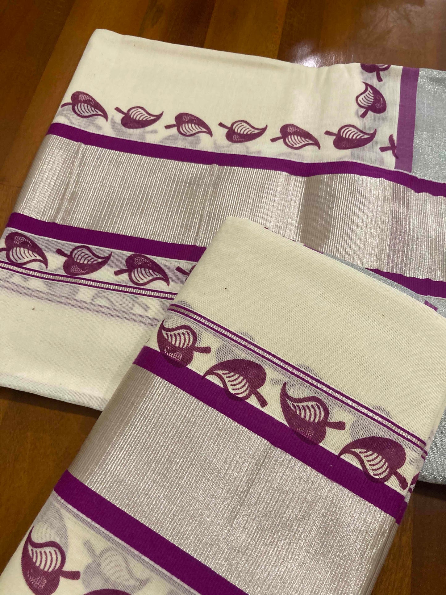 Single Set Mundu with Silver Kasavu and Magenta Block Prints (Mundum Neriyathum)