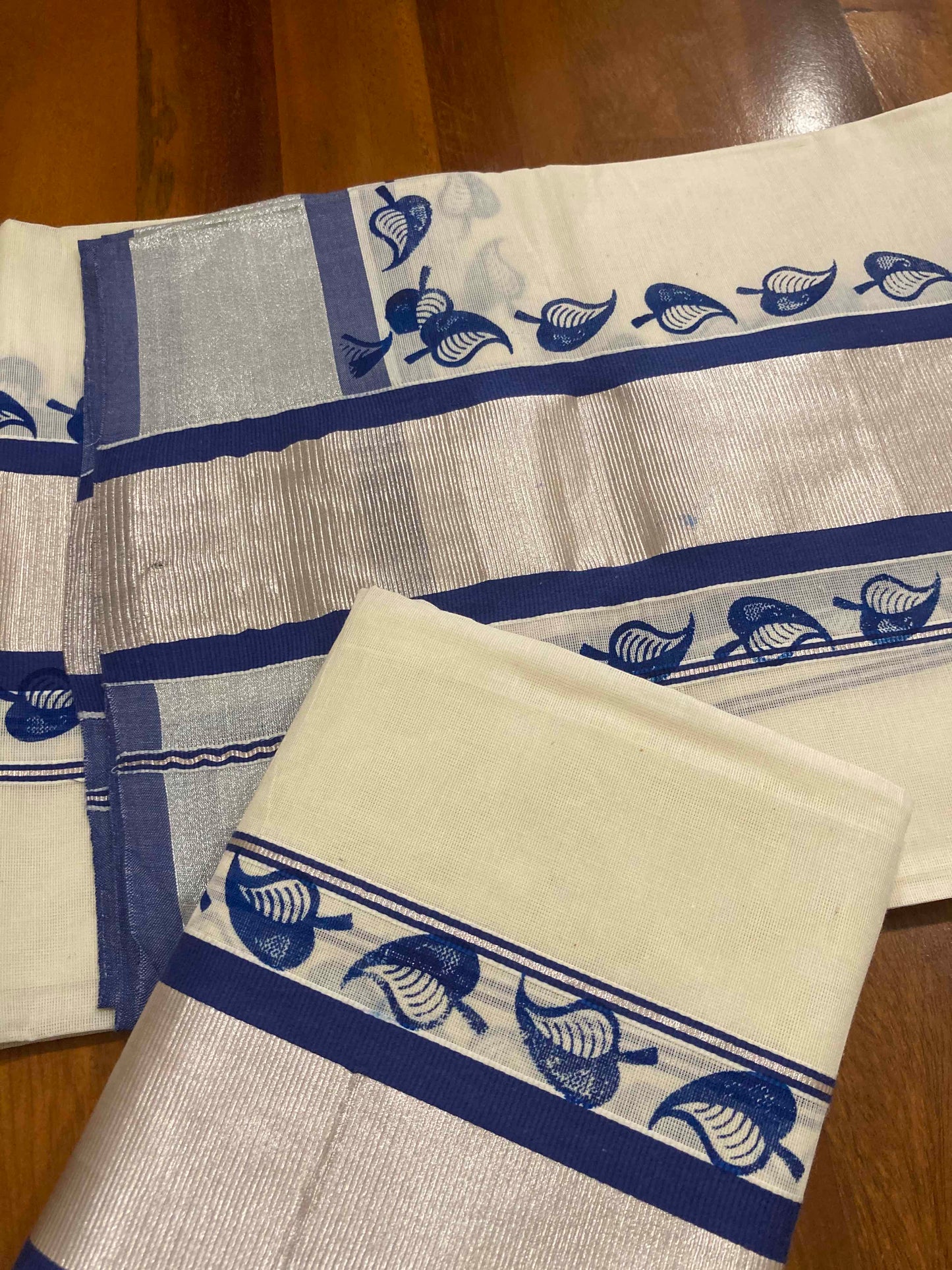 Single Set Mundu with Silver Kasavu and Blue Block Prints (Mundum Neriyathum)