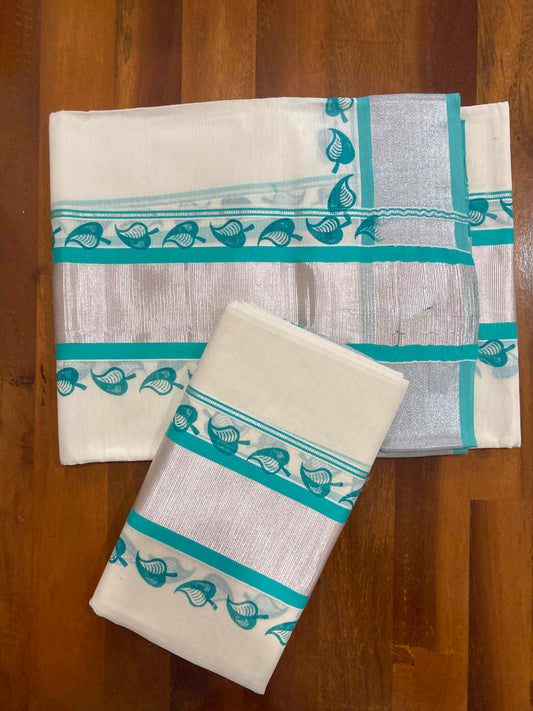 Single Set Mundu with Silver Kasavu and Turquoise Block Prints (Mundum Neriyathum)