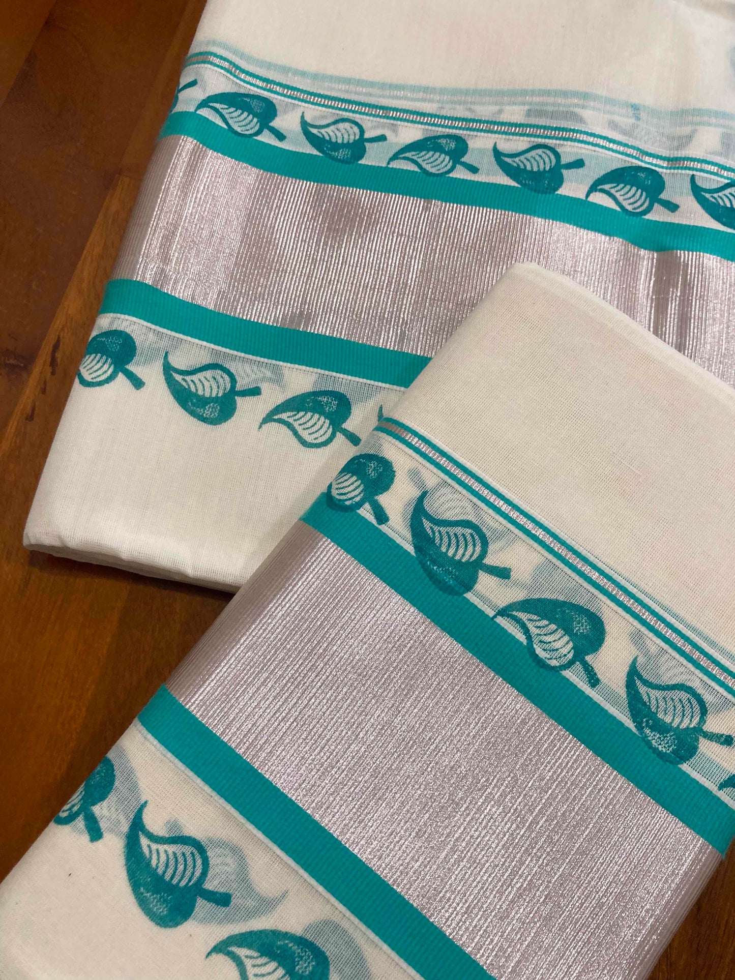 Single Set Mundu with Silver Kasavu and Turquoise Block Prints (Mundum Neriyathum)