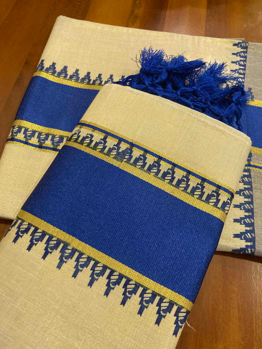 Single Tissue Set Mundu with Blue Block Prints and Tassels (Mundum Neriyathum)