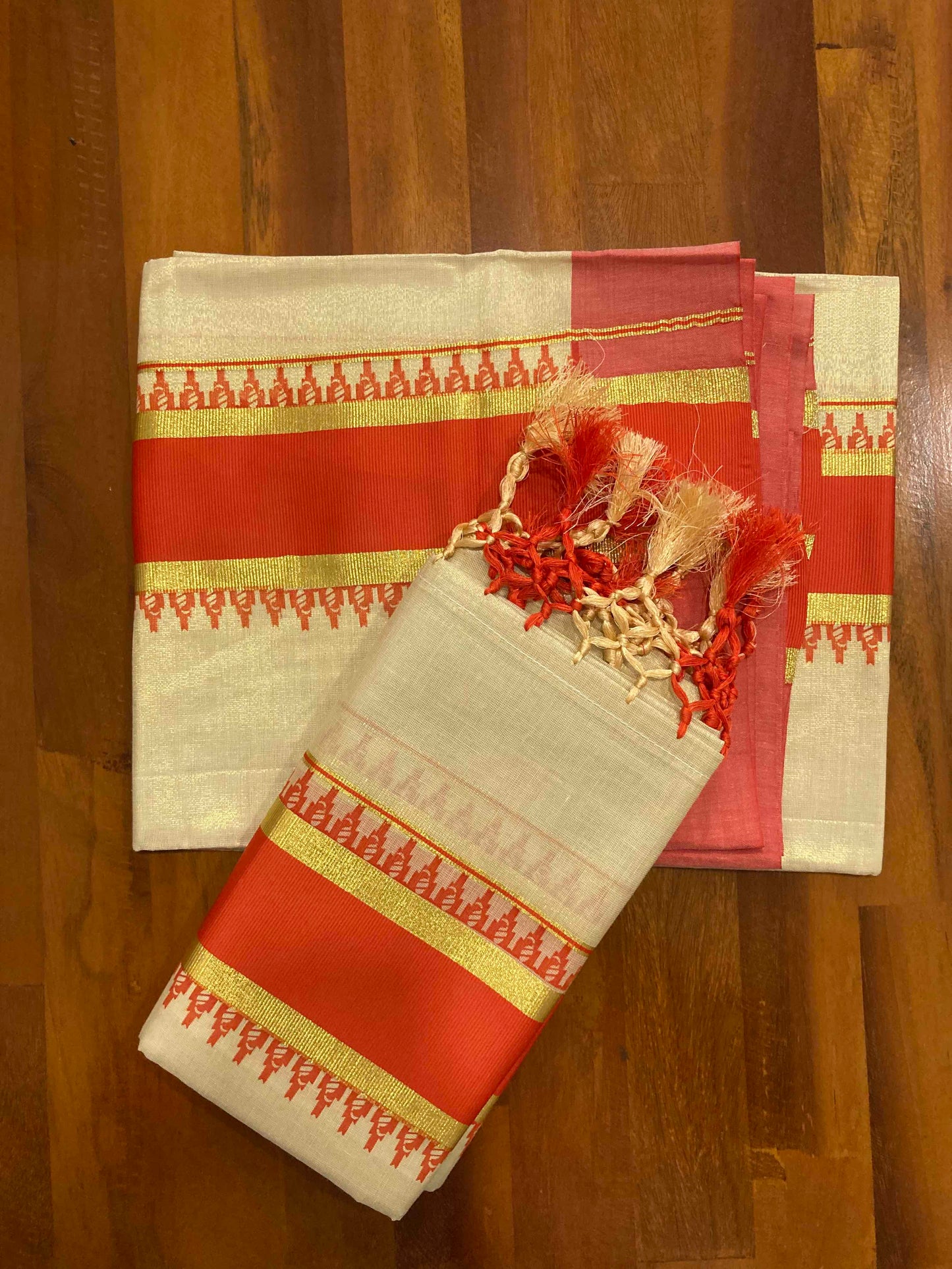 Single Tissue Set Mundu with Orange Block Prints and Tassels (Mundum Neriyathum)