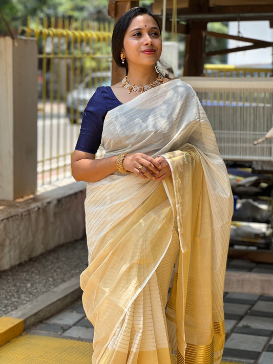 Southloom Premium Handloom Cotton Half and Half Design Kasavu Saree with Lines Across Body