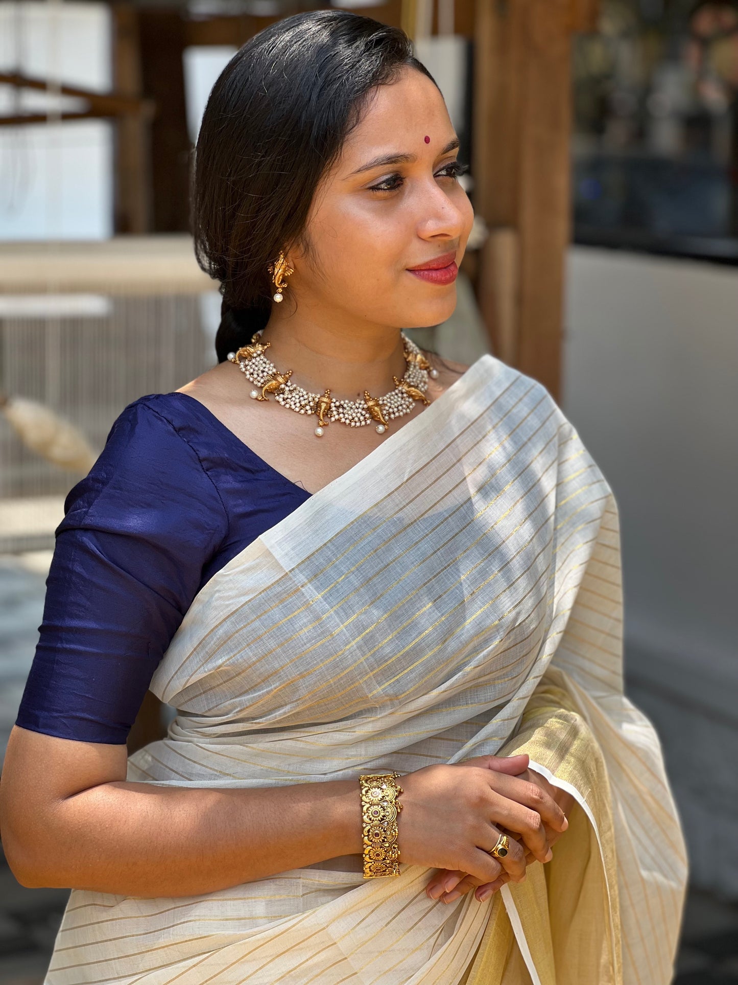 Southloom Premium Handloom Cotton Half and Half Design Kasavu Saree with Lines Across Body