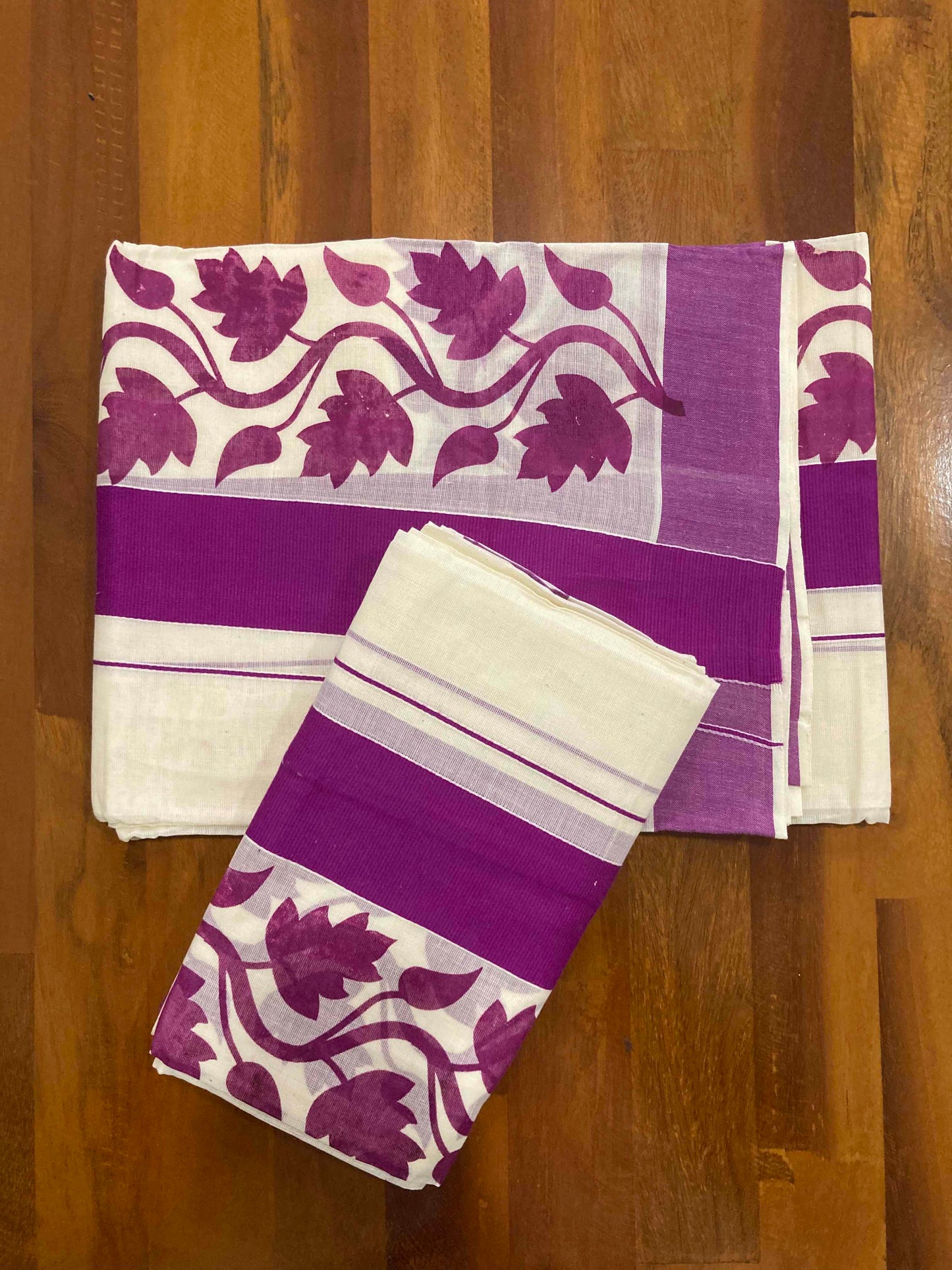 Single Plain Set Mundu in Magenta with Floral Block Prints (Mundum Neriyathum)