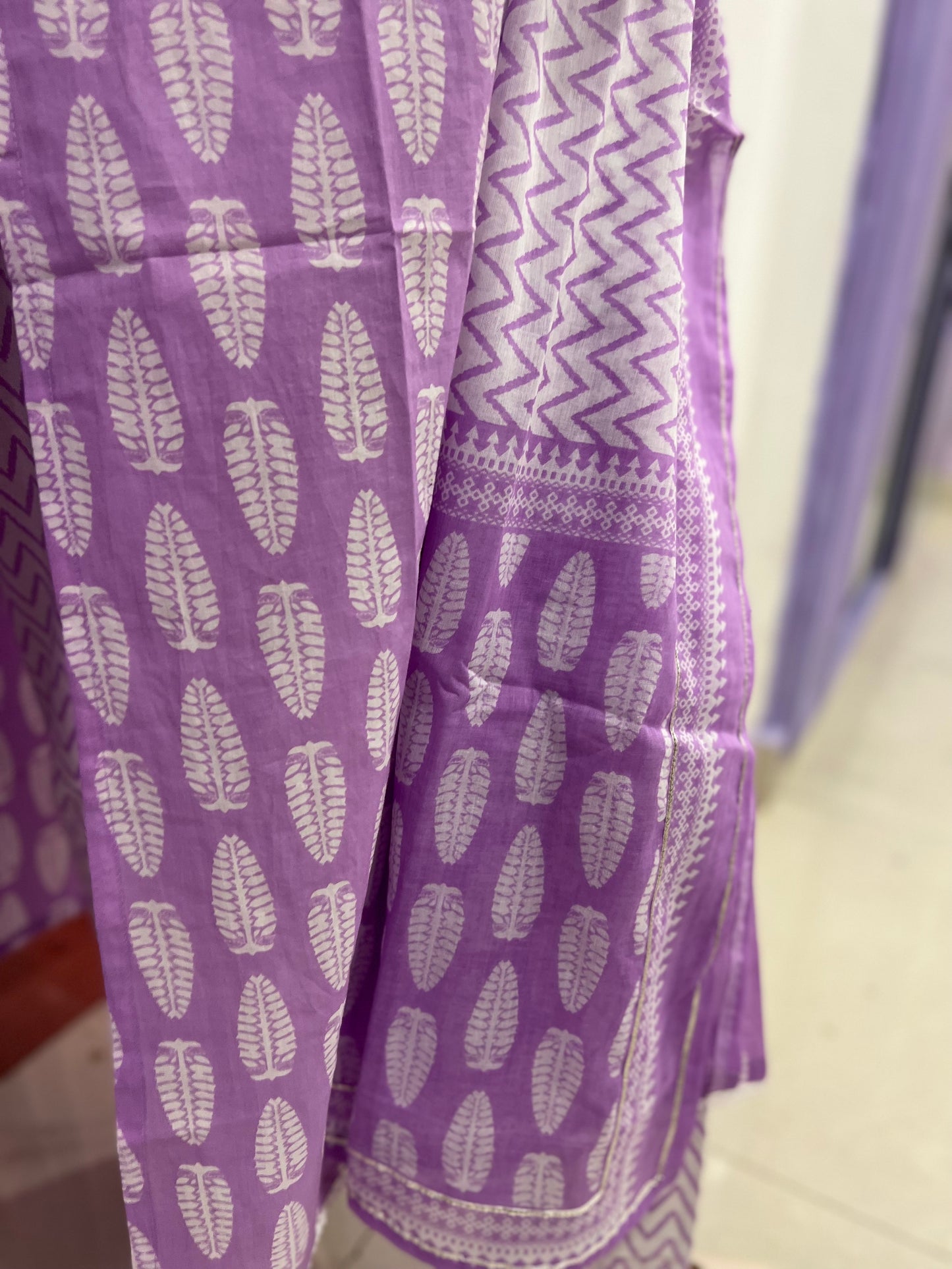 Southloom Stitched Cotton Salwar Set in Lavender Colour with White Printed Design and Thread work in Yoke Portion