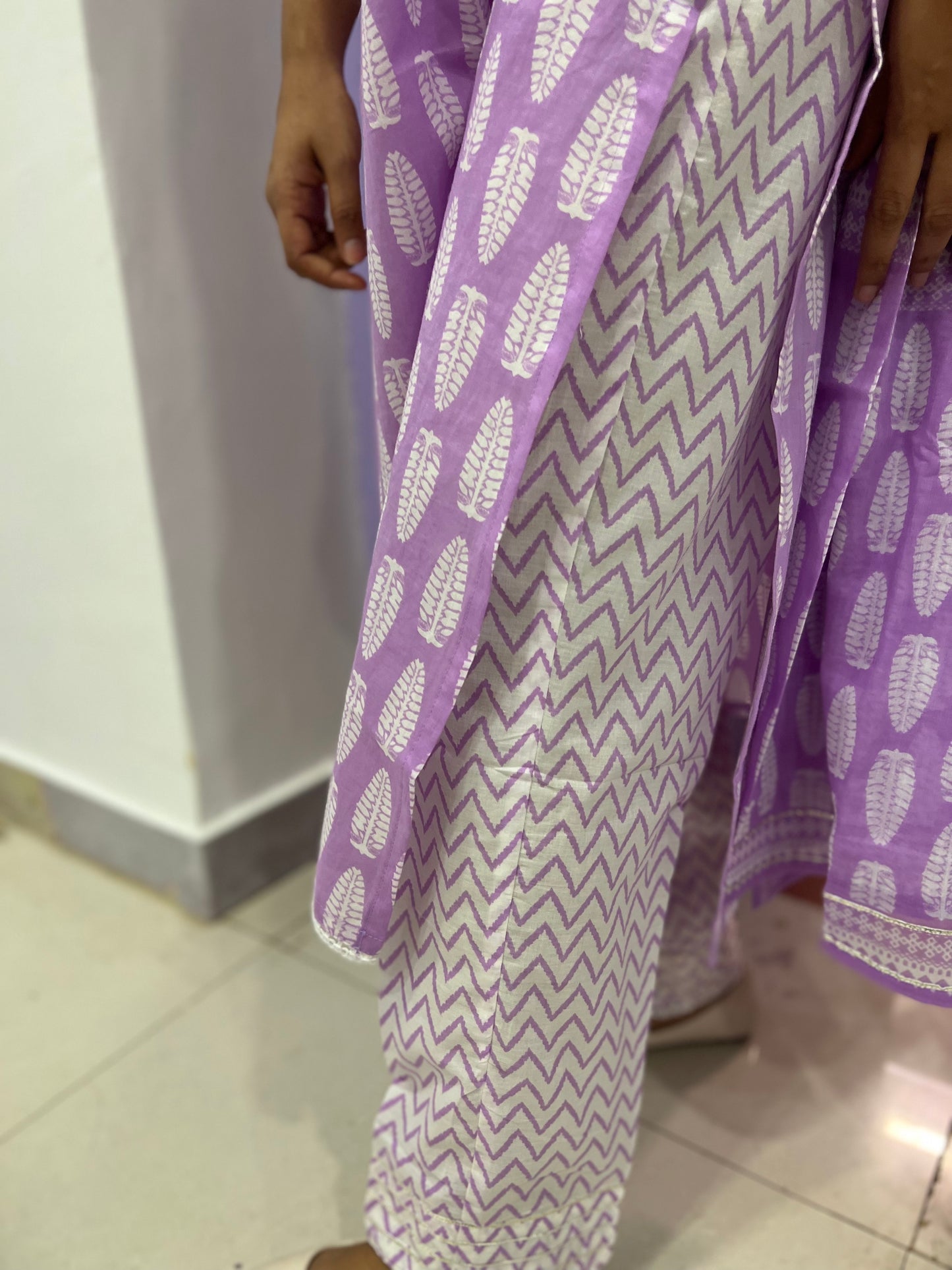 Southloom Stitched Cotton Salwar Set in Lavender Colour with White Printed Design and Thread work in Yoke Portion