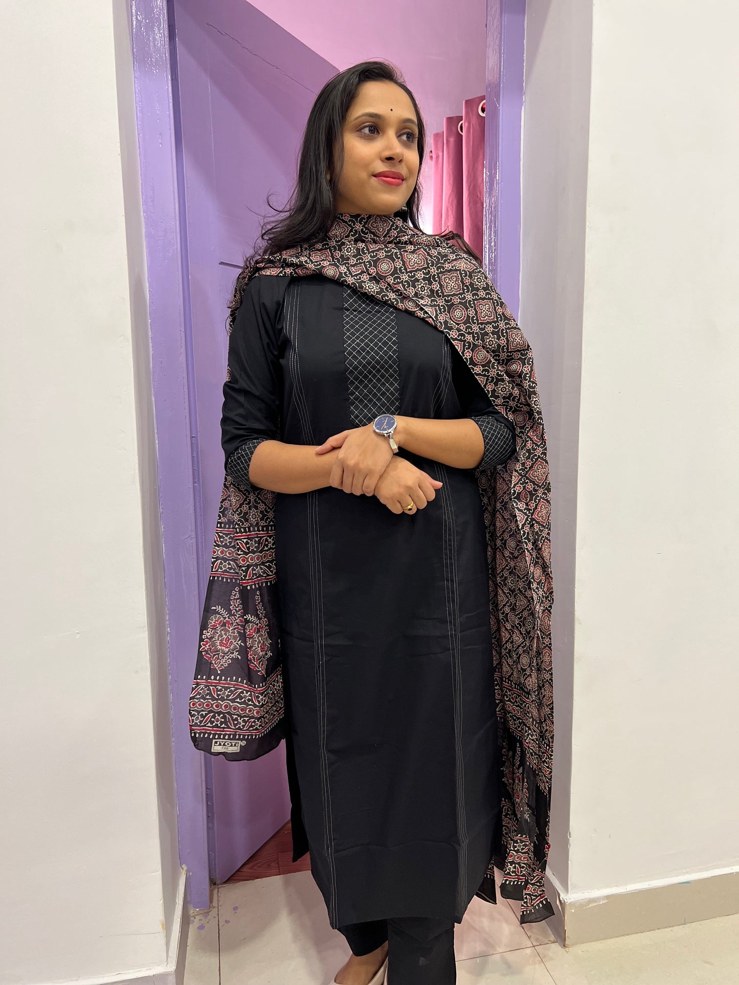 Southloom Stitched Cotton Salwar Set in Black Colour with Ajrakh Printed Shawl / Dupatta