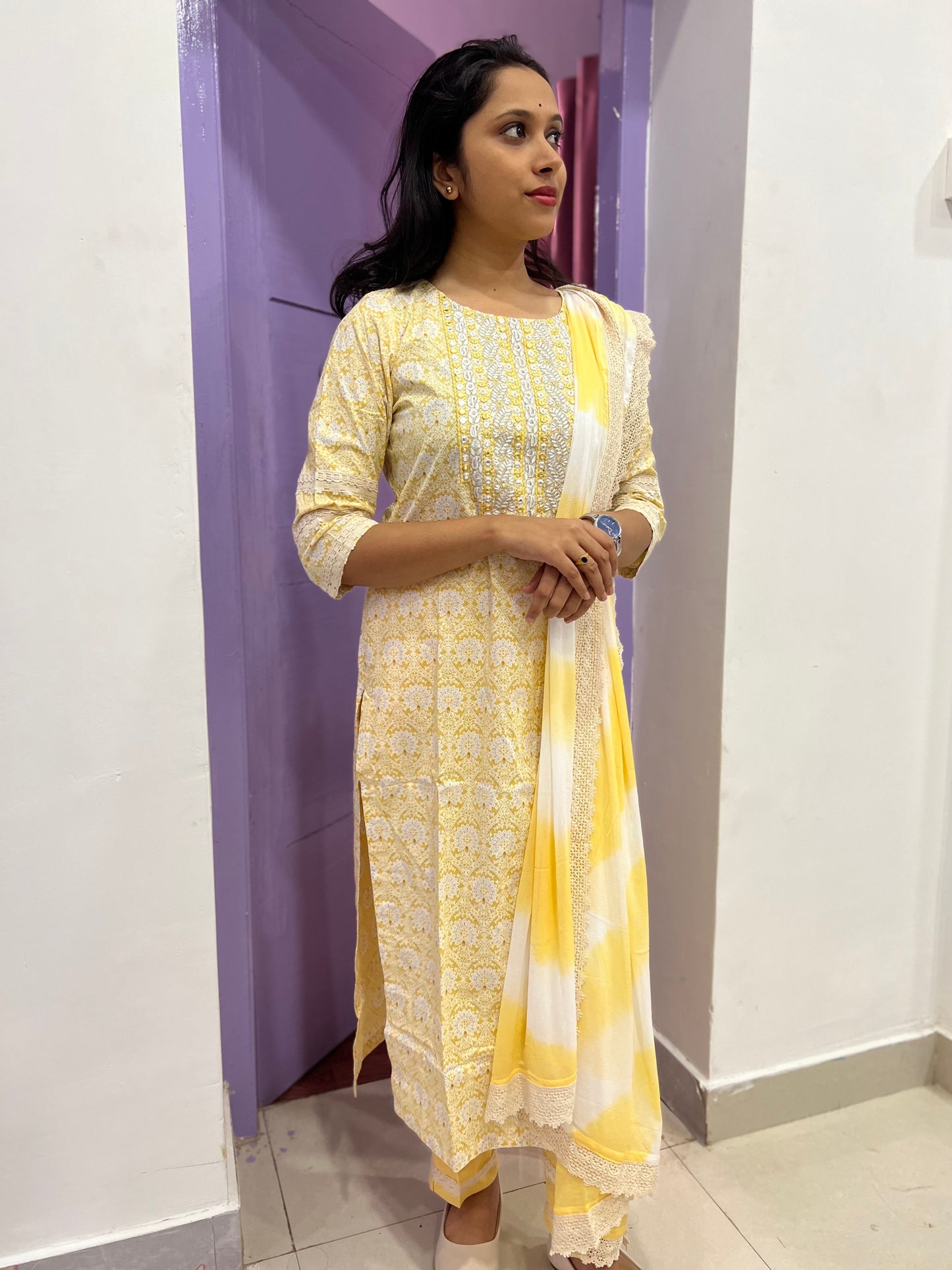 Southloom Stitched Cotton Salwar Set in Yellow Colour with Floral Printed Design and Sequins Thread work in Yoke Portion