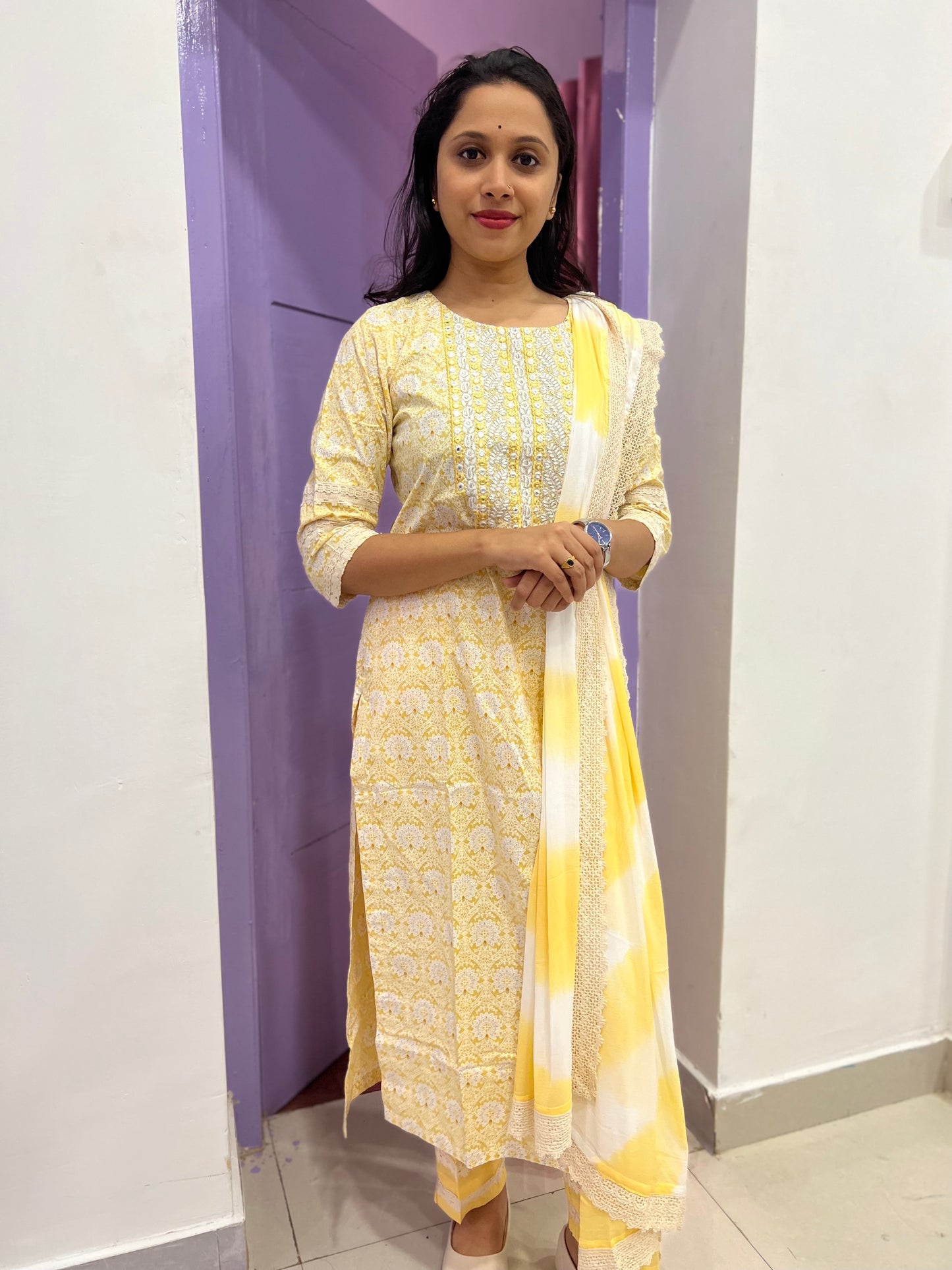 Southloom Stitched Cotton Salwar Set in Yellow Colour with Floral Printed Design and Sequins Thread work in Yoke Portion