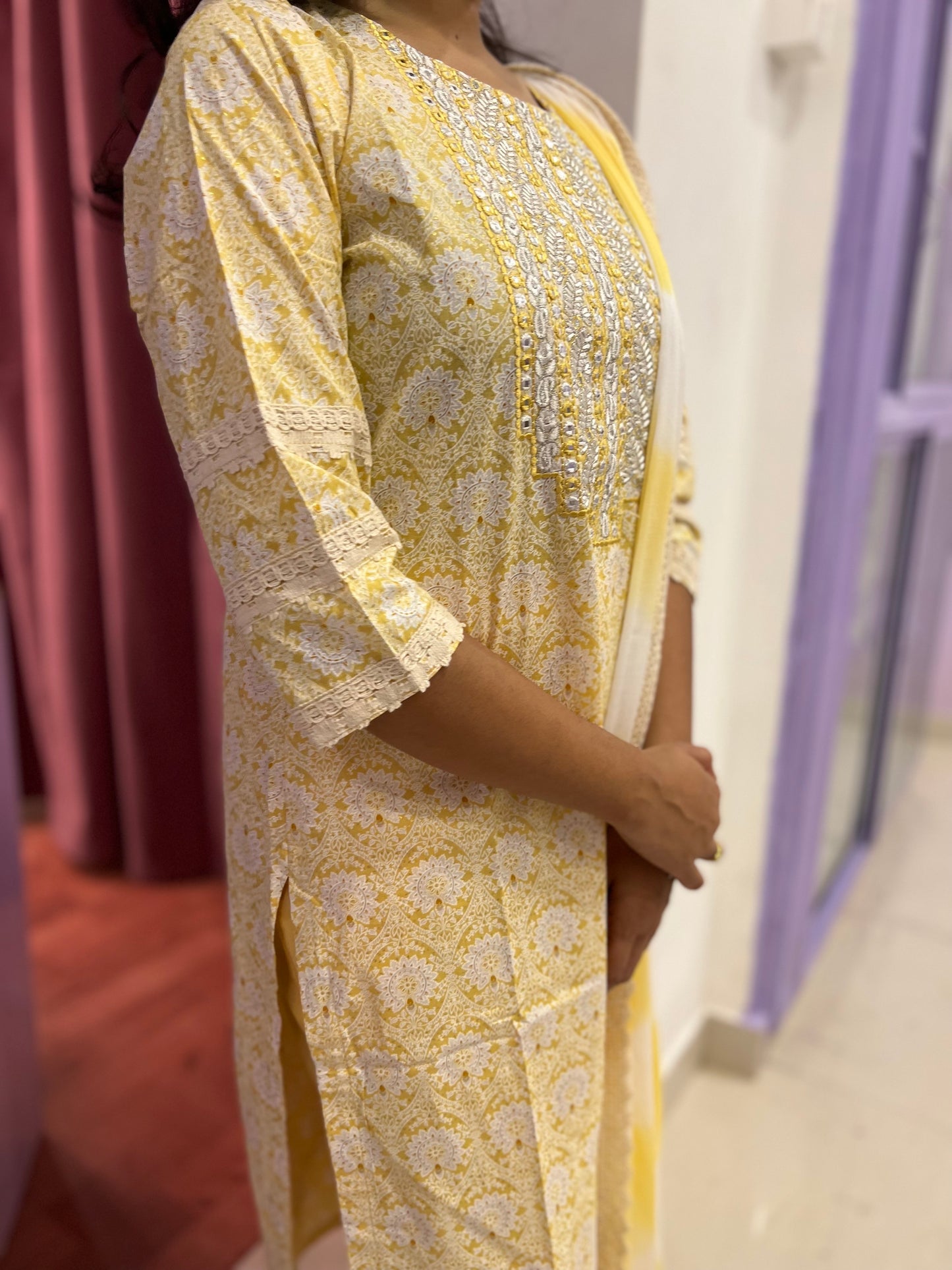 Southloom Stitched Cotton Salwar Set in Yellow Colour with Floral Printed Design and Sequins Thread work in Yoke Portion