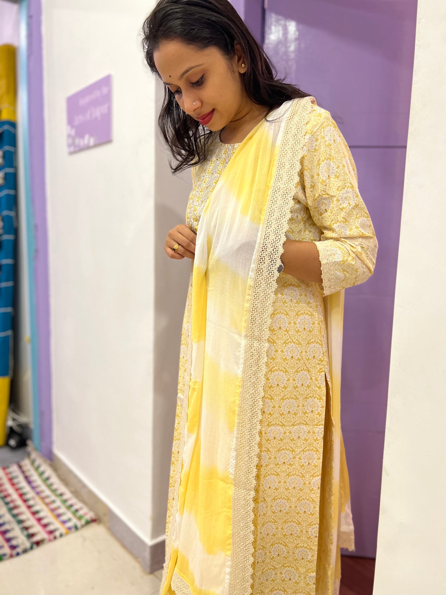 Southloom Stitched Cotton Salwar Set in Yellow Colour with Floral Printed Design and Sequins Thread work in Yoke Portion