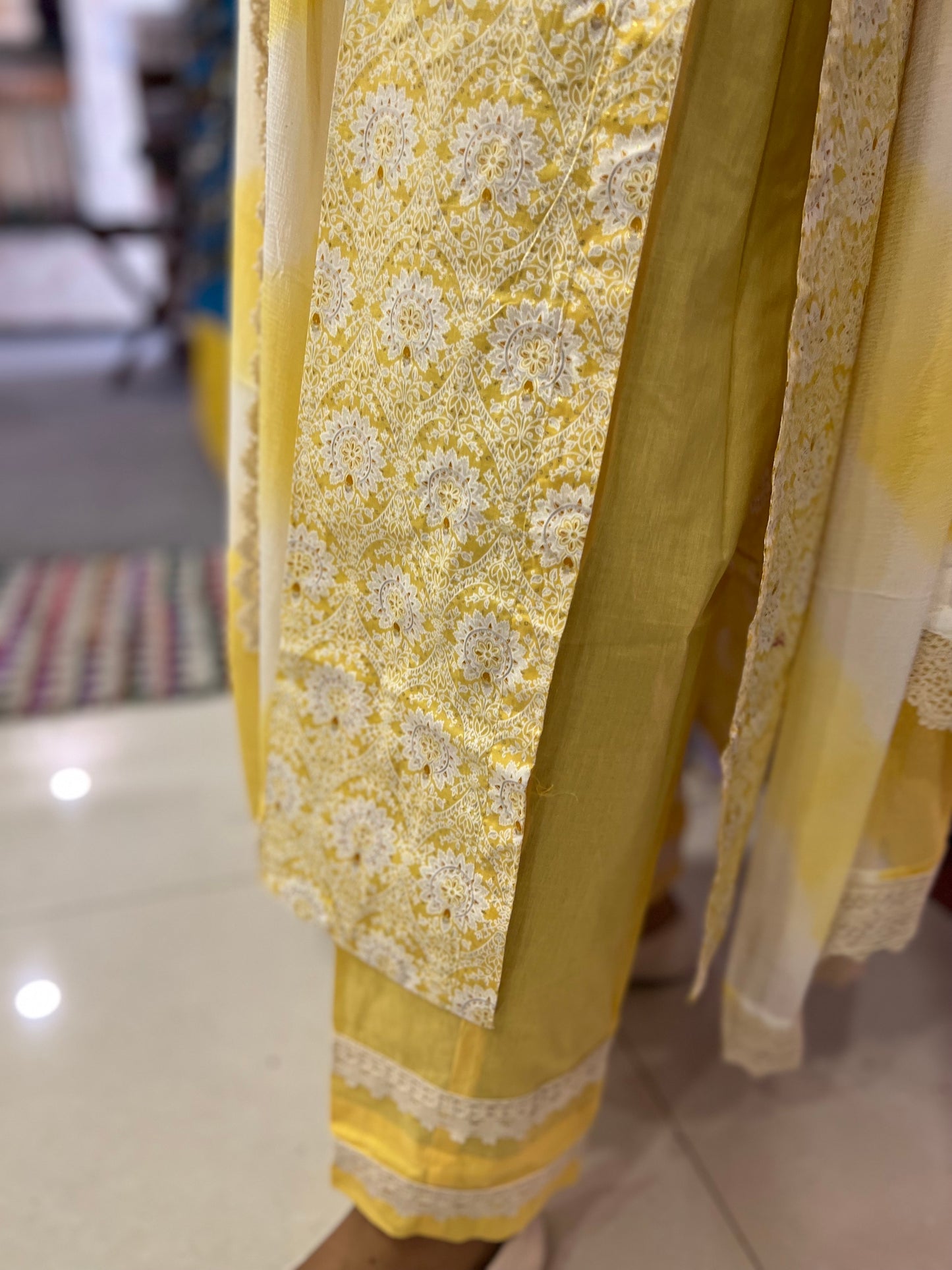 Southloom Stitched Cotton Salwar Set in Yellow Colour with Floral Printed Design and Sequins Thread work in Yoke Portion