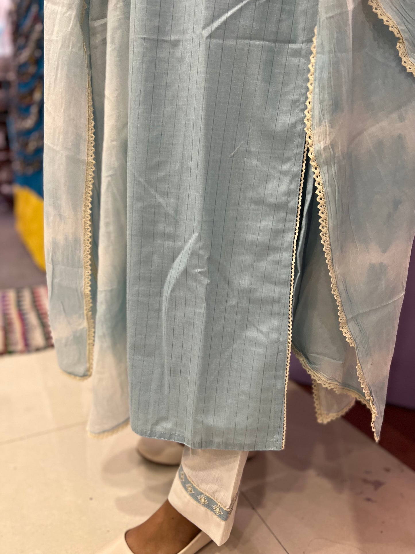 Southloom Stitched Cotton Salwar Set in Light Blue Colour with Stripes work and Sequins Thread work in Yoke Portion