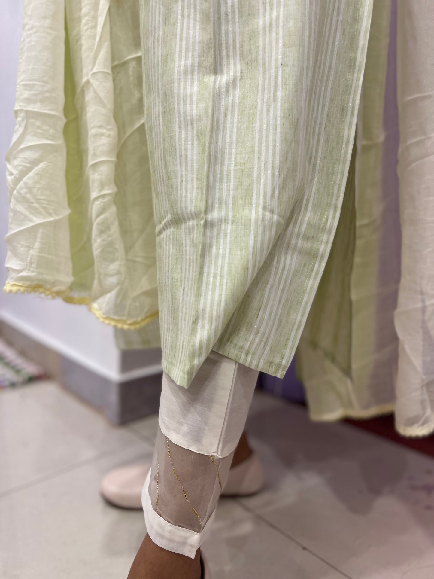 Southloom Stitched Cotton Salwar Set in Light Green Colour with Stripes work and Bead Thread work in Yoke Portion