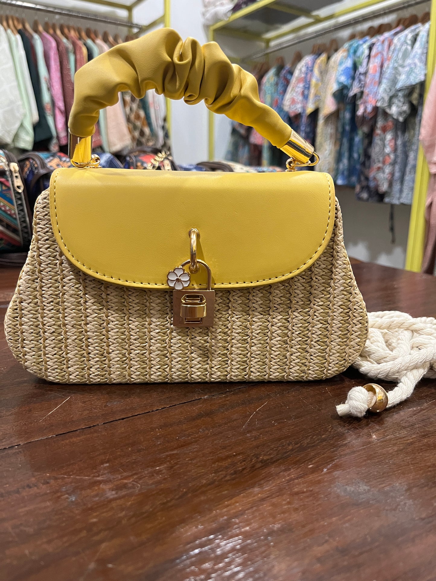 Southloom™ Handmade Off White Mini Sling Handbag with Yellow Leatherette Handle