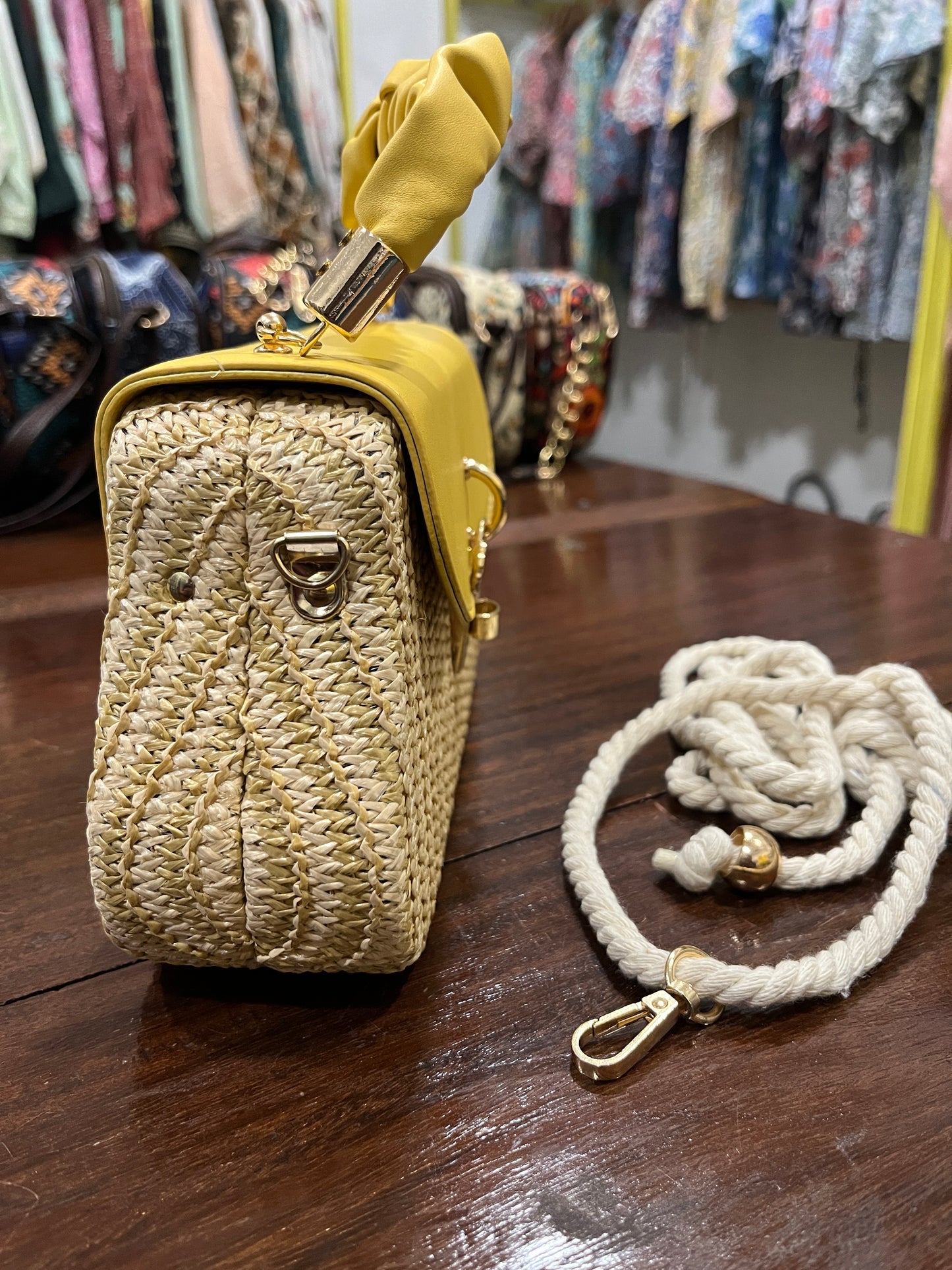 Southloom™ Handmade Off White Mini Sling Handbag with Yellow Leatherette Handle