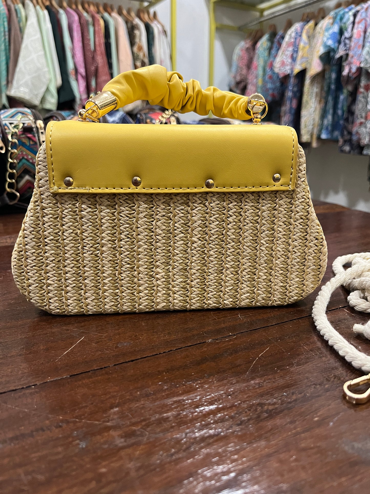 Southloom™ Handmade Off White Mini Sling Handbag with Yellow Leatherette Handle