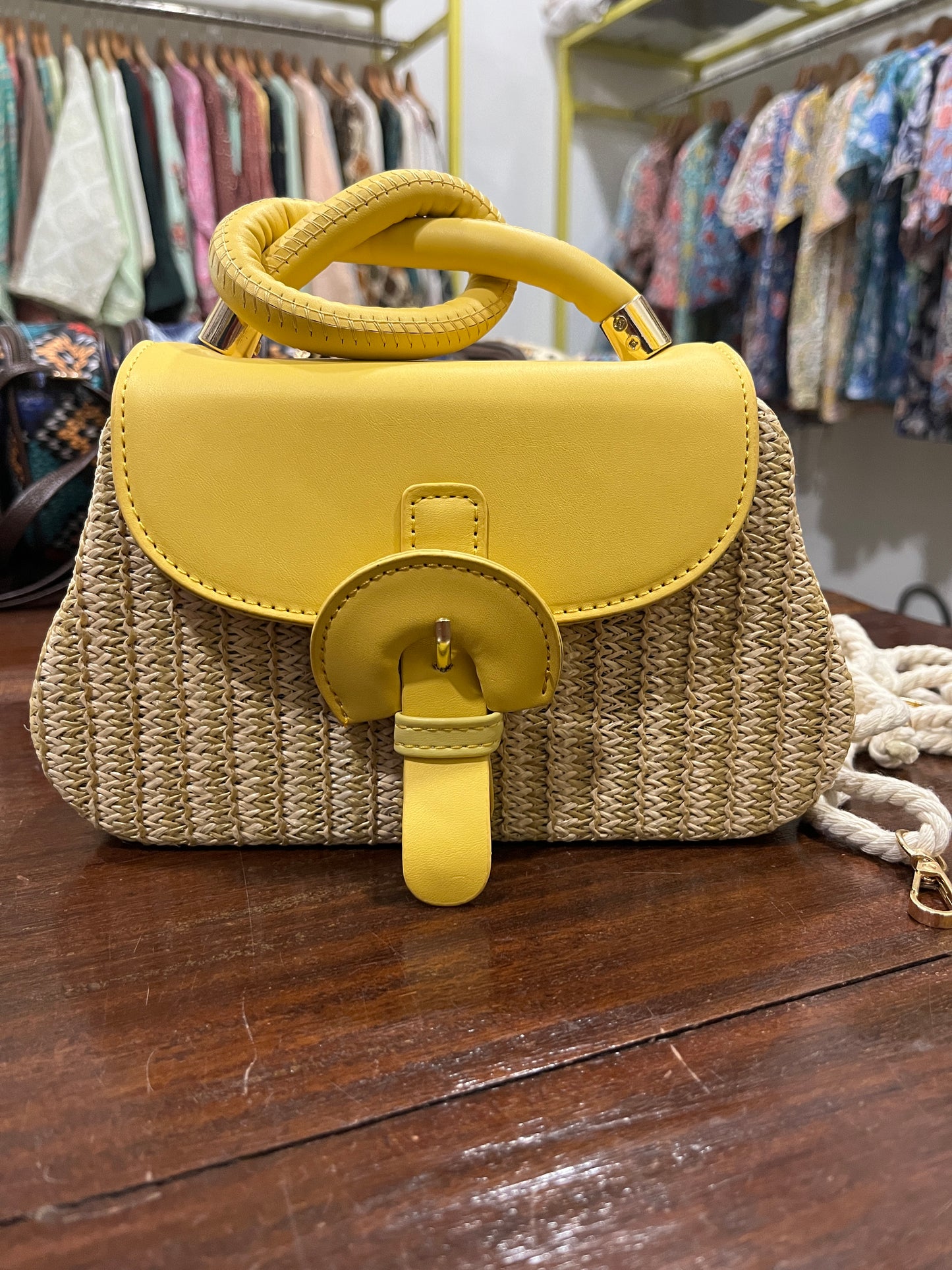 Southloom™ Handmade Off White Mini Sling Handbag with Yellow Leatherette Handle