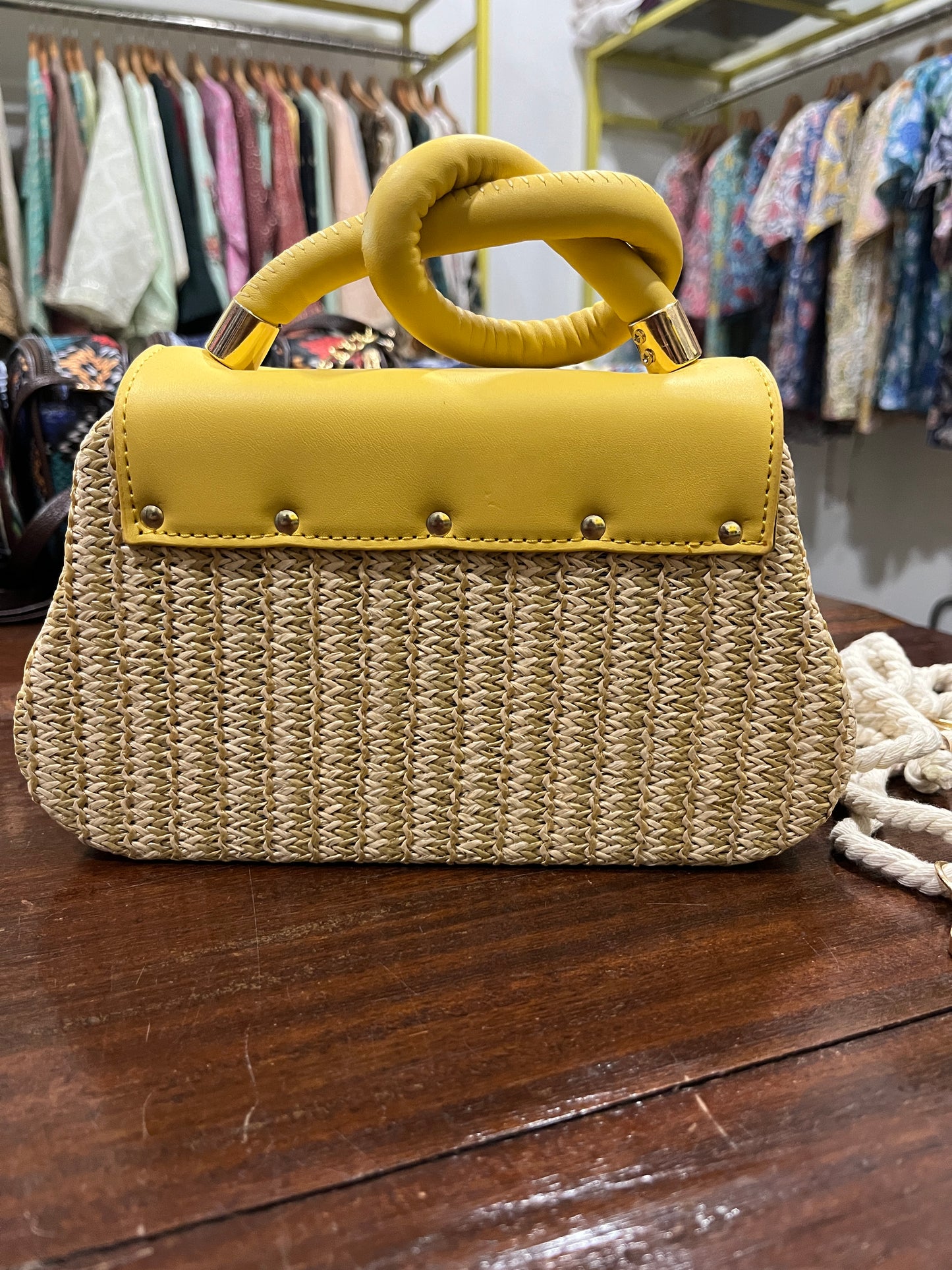 Southloom™ Handmade Off White Mini Sling Handbag with Yellow Leatherette Handle