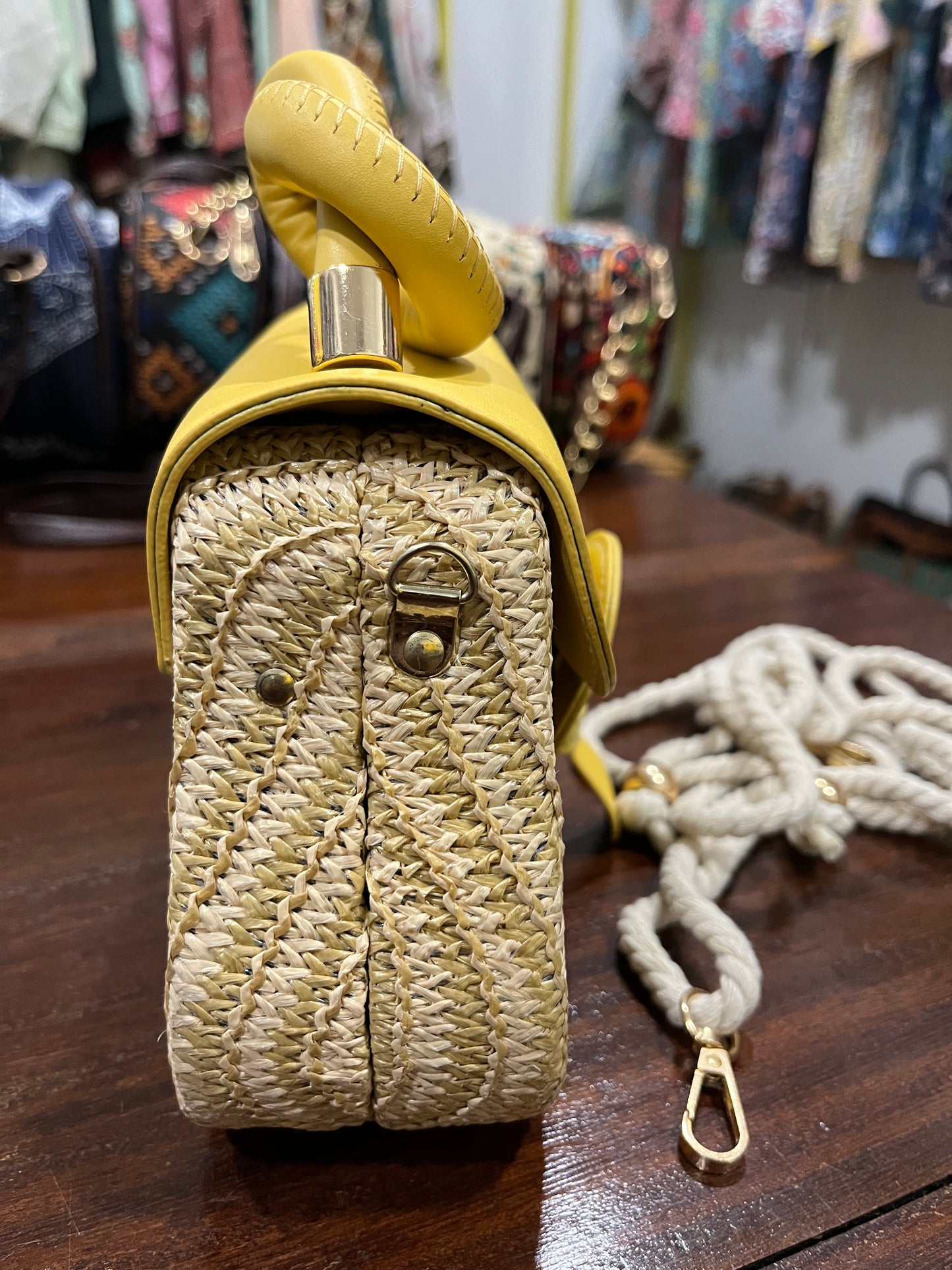 Southloom™ Handmade Off White Mini Sling Handbag with Yellow Leatherette Handle