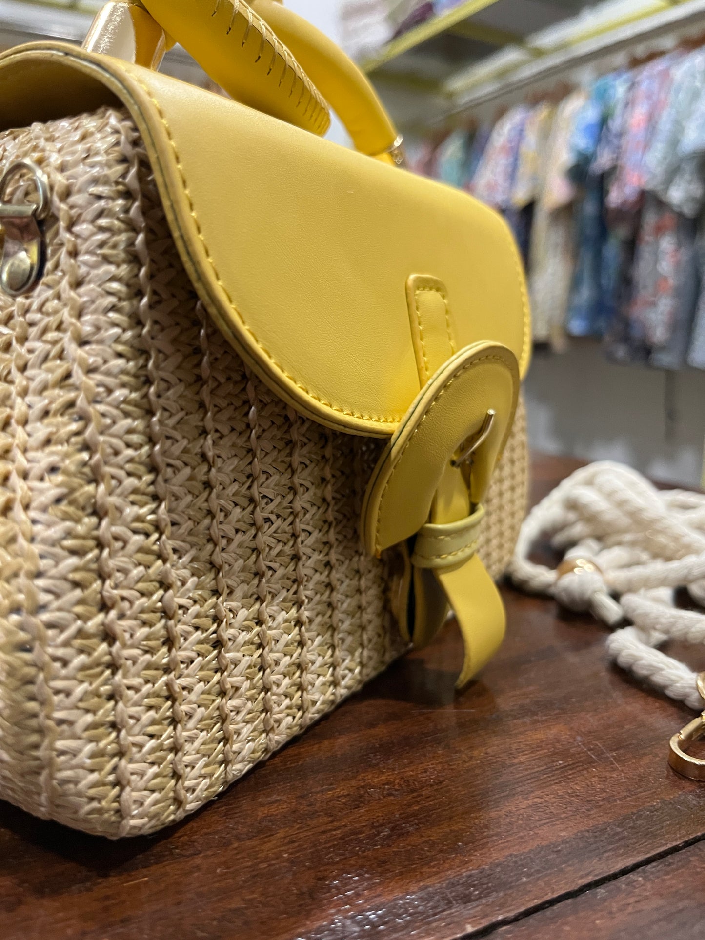 Southloom™ Handmade Off White Mini Sling Handbag with Yellow Leatherette Handle