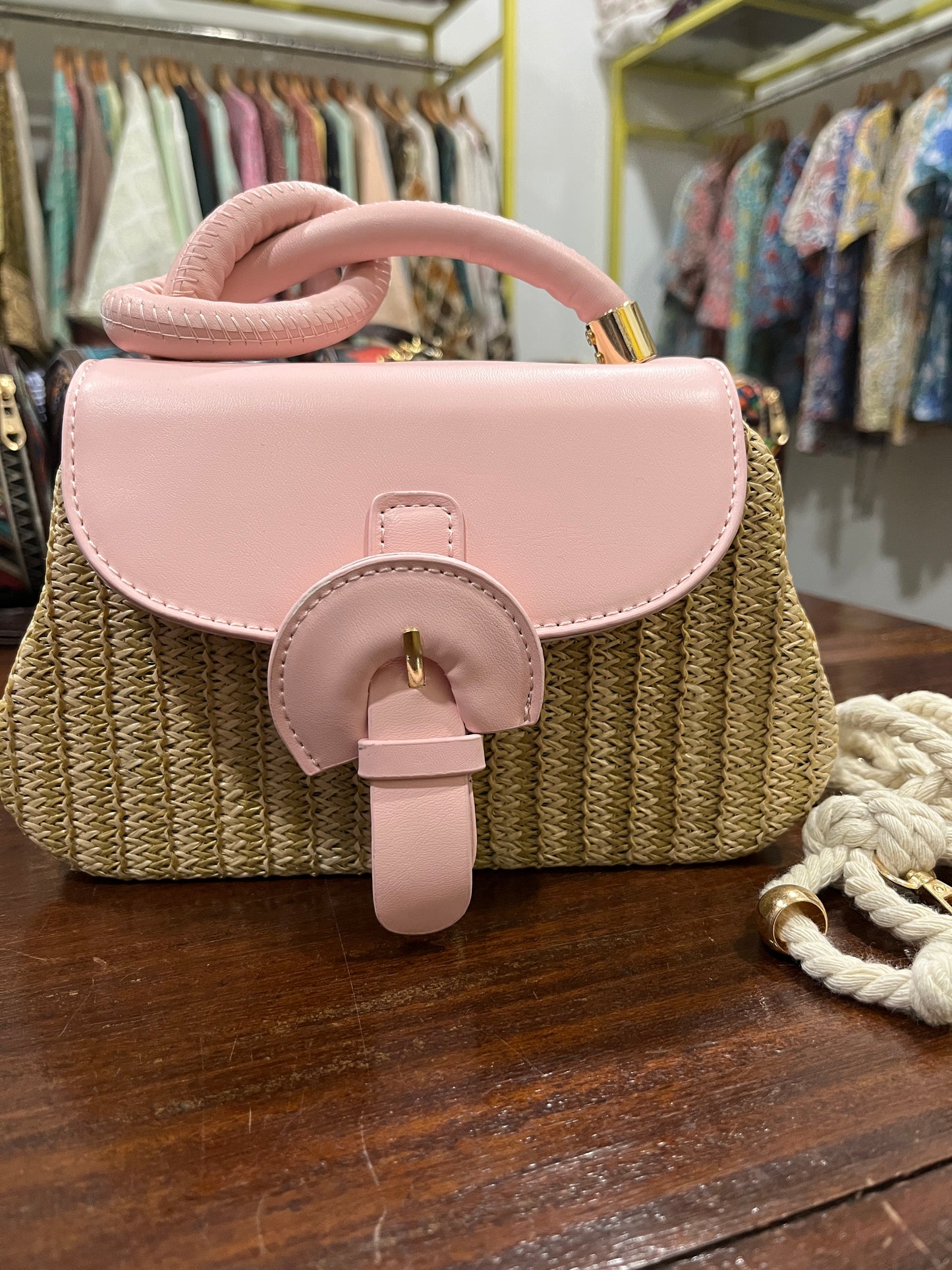 Southloom™ Handmade Off White Mini Sling Handbag with Pink Leatherette Handle