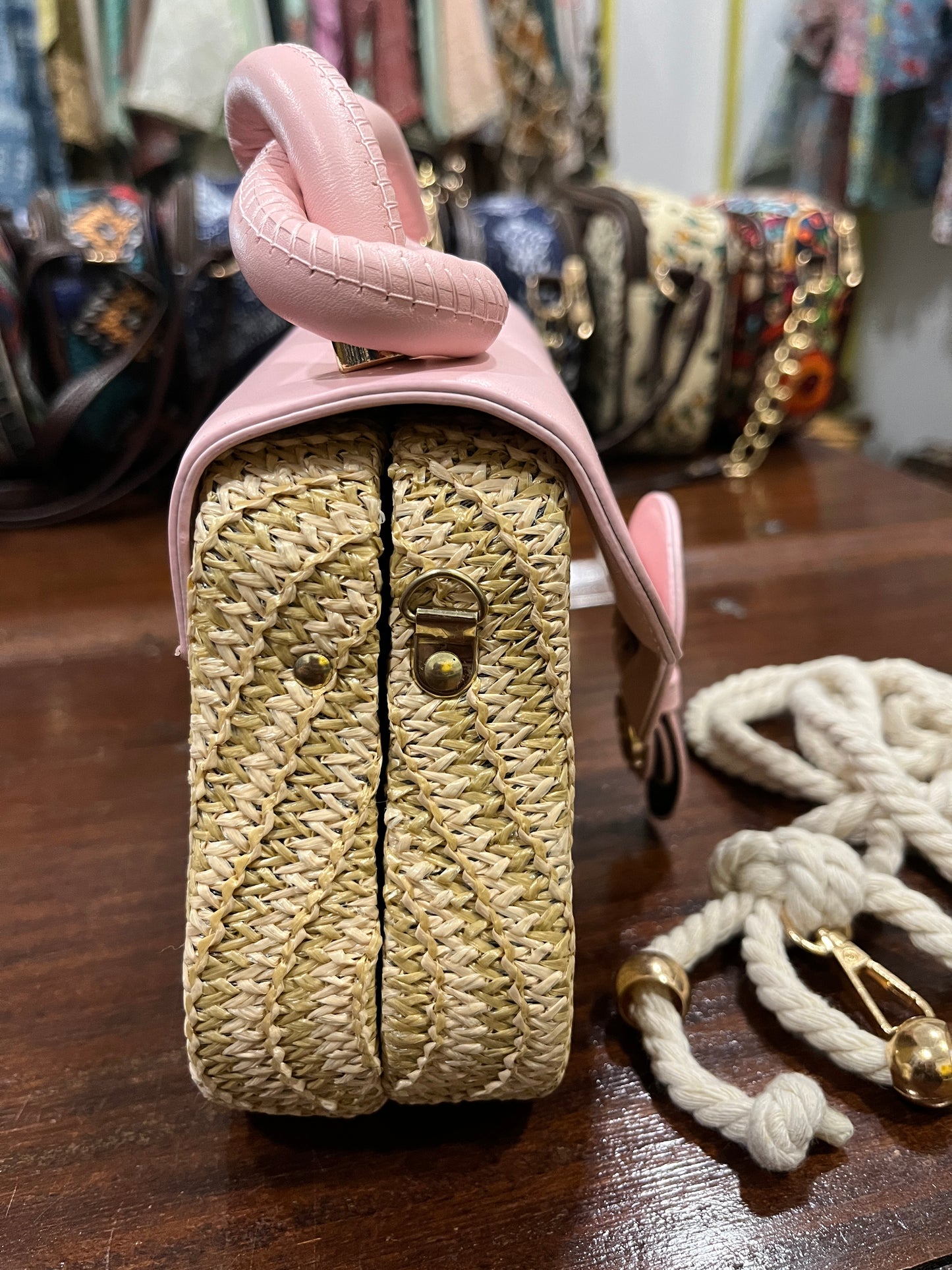 Southloom™ Handmade Off White Mini Sling Handbag with Pink Leatherette Handle