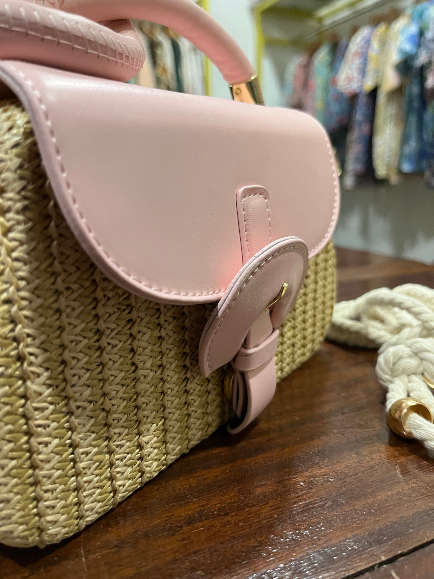 Southloom™ Handmade Off White Mini Sling Handbag with Pink Leatherette Handle