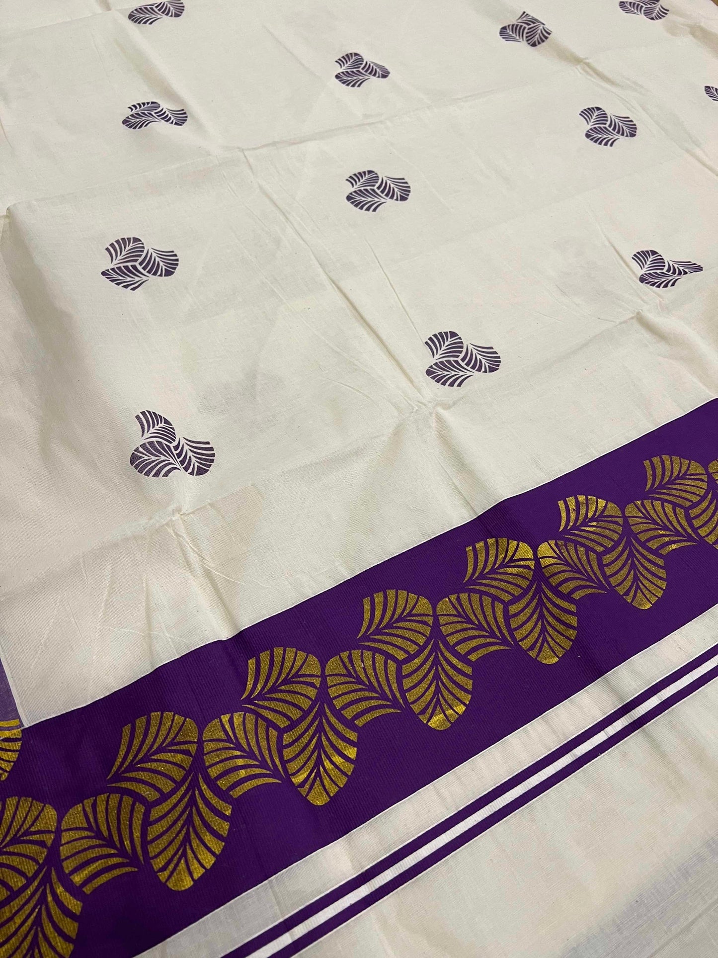Off White Pure Cotton Kerala Saree with Block Prints on Violet Border