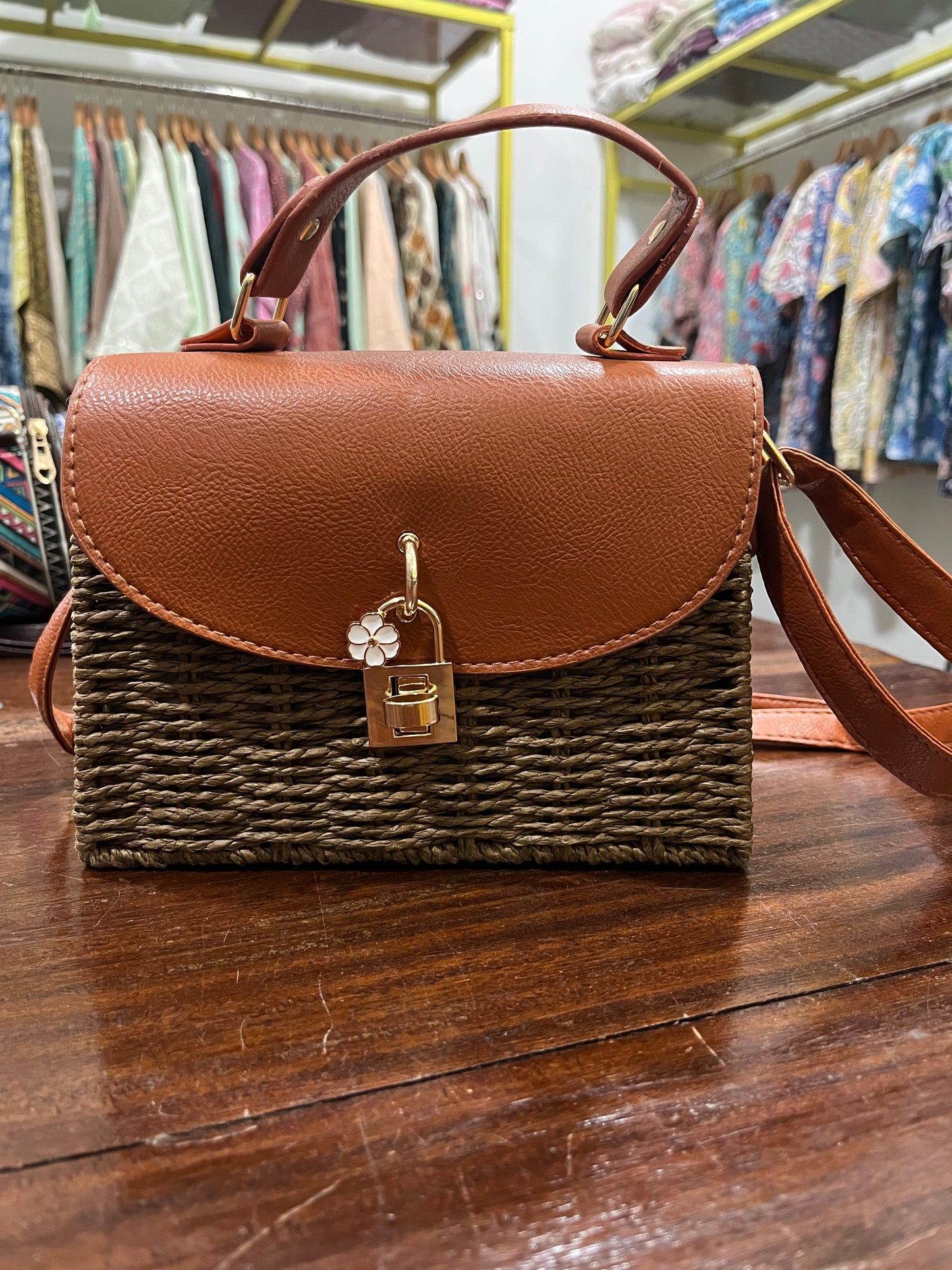 Southloom™ Handmade Brown Mini Boxy Sling Handbag with Brown Leatherette Handle