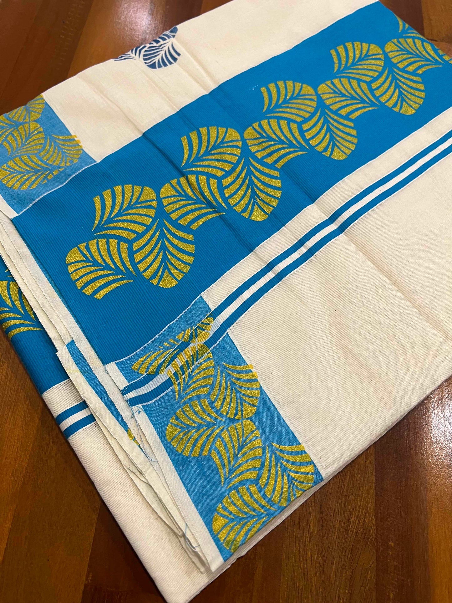 Off White Pure Cotton Kerala Saree with Block Prints on Blue Border