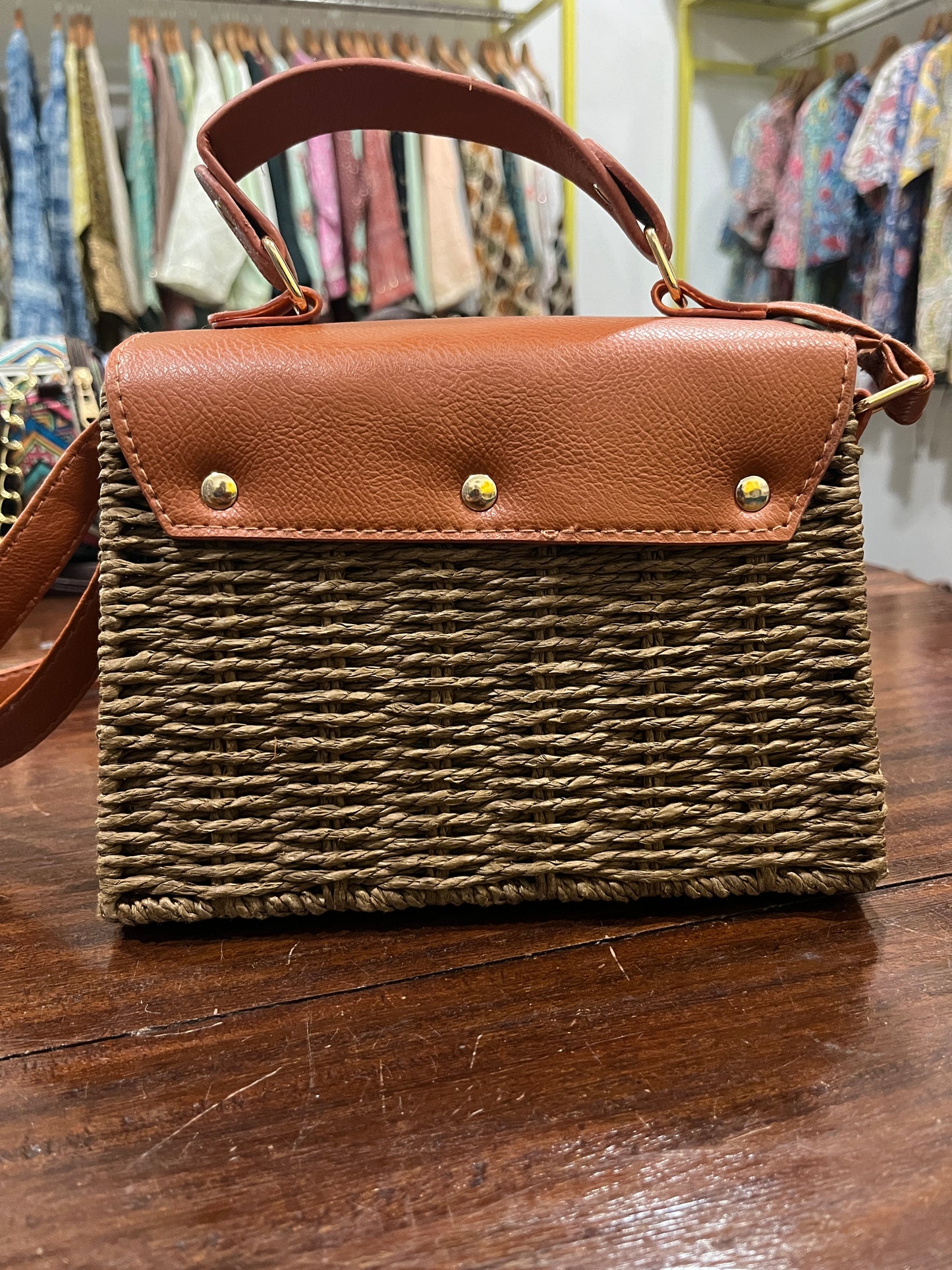 Southloom™ Handmade Brown Mini Boxy Sling Handbag with Brown Leatherette Handle