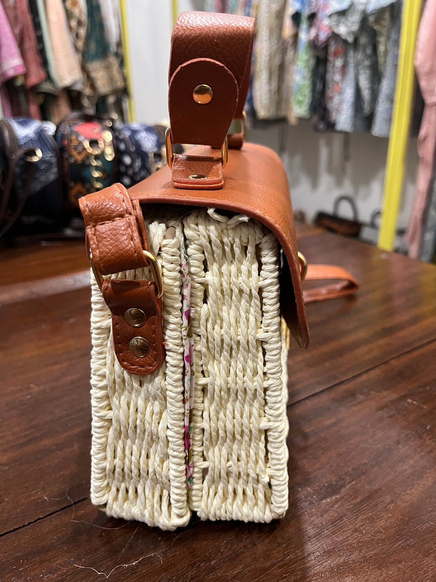 Southloom™ Handmade Off White Mini Boxy Sling Handbag with Brown Leatherette Handle