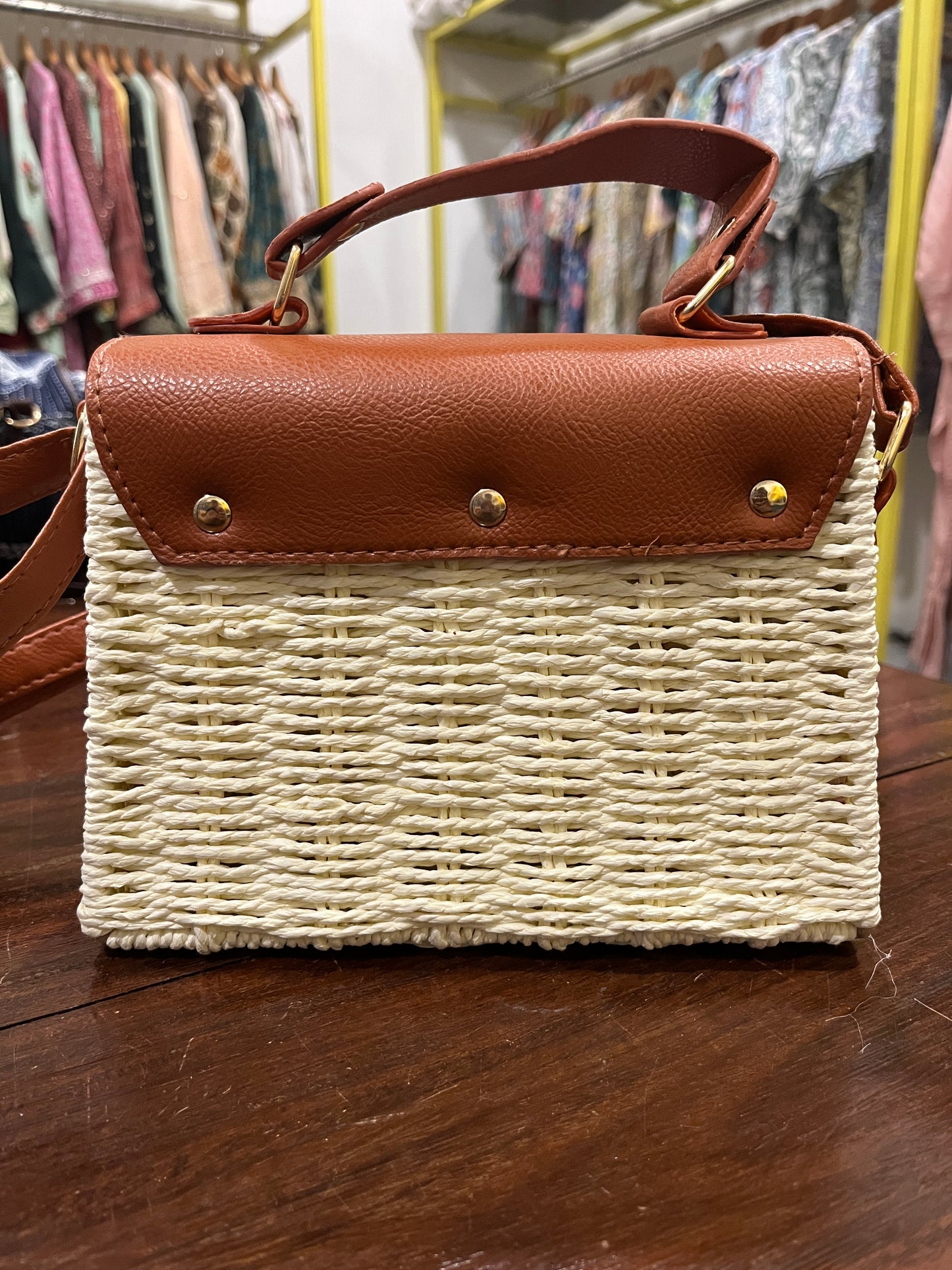 Southloom™ Handmade Off White Mini Boxy Sling Handbag with Brown Leatherette Handle